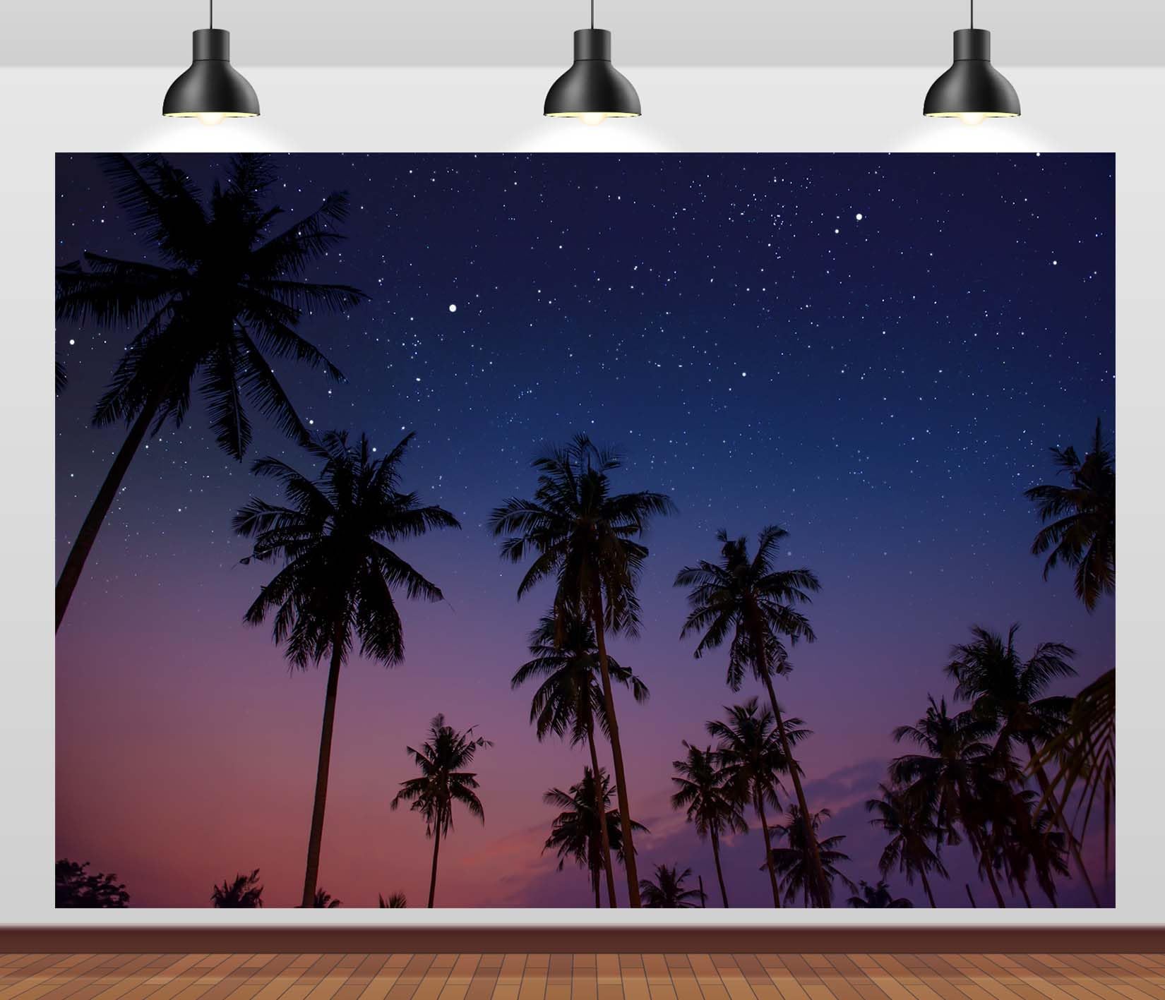 10x8FT (3x2.5m) Sagome Di Palme Sotto Il Cielo Stellato Sfondo Fotografico | Orizzonte Notturno Tropicale Fondale In Tessuto,Crepuscolo Viola Palme Alte,Per Feste Estive E Foto Delle Vacanze,Photo Booth