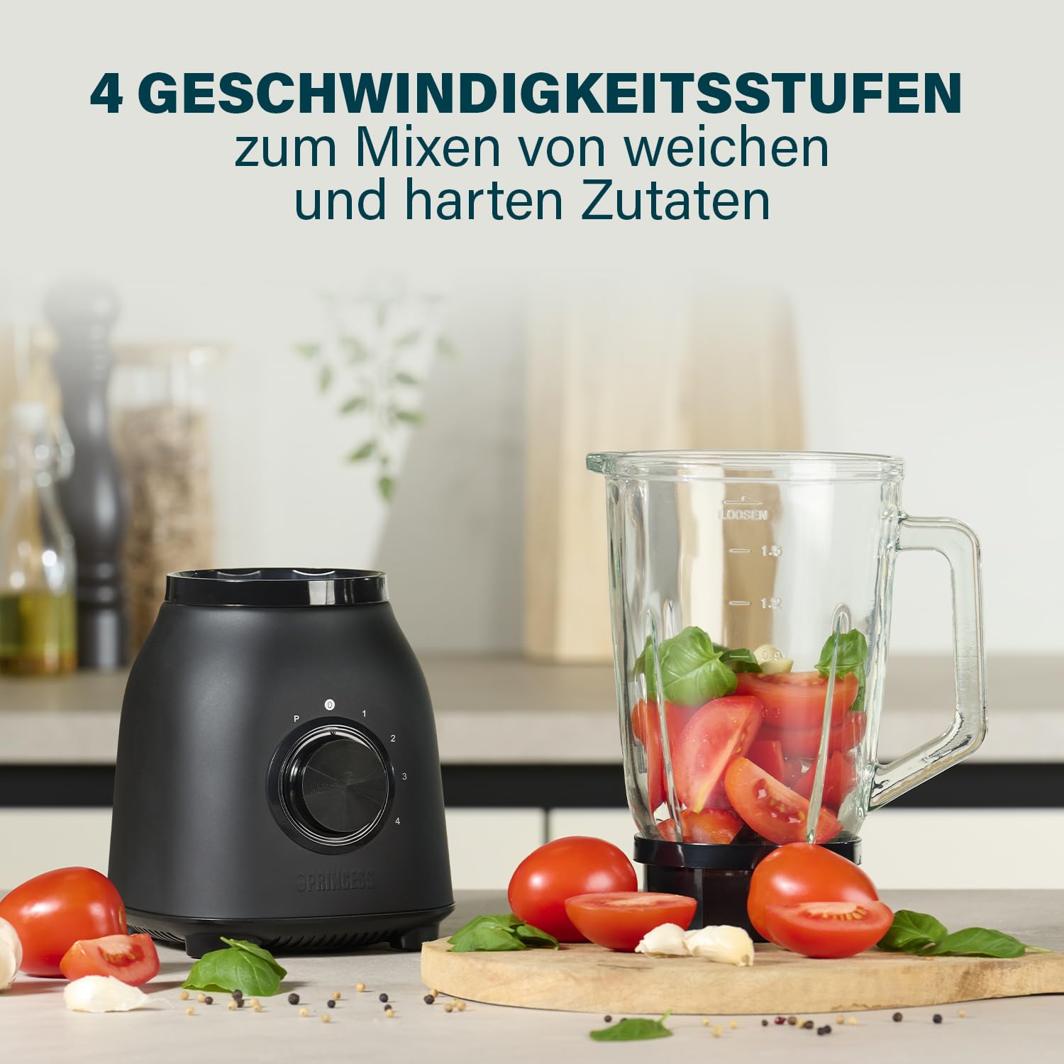 Princess Standmixer Black Steel 4 Geschwindigkeitsstufen, Impuls-Funktion, 6 Klingen, 1000 Watt, 1,5 Liter Glas Krug, Schwarz, Edelstahl 01.212092.01.001
