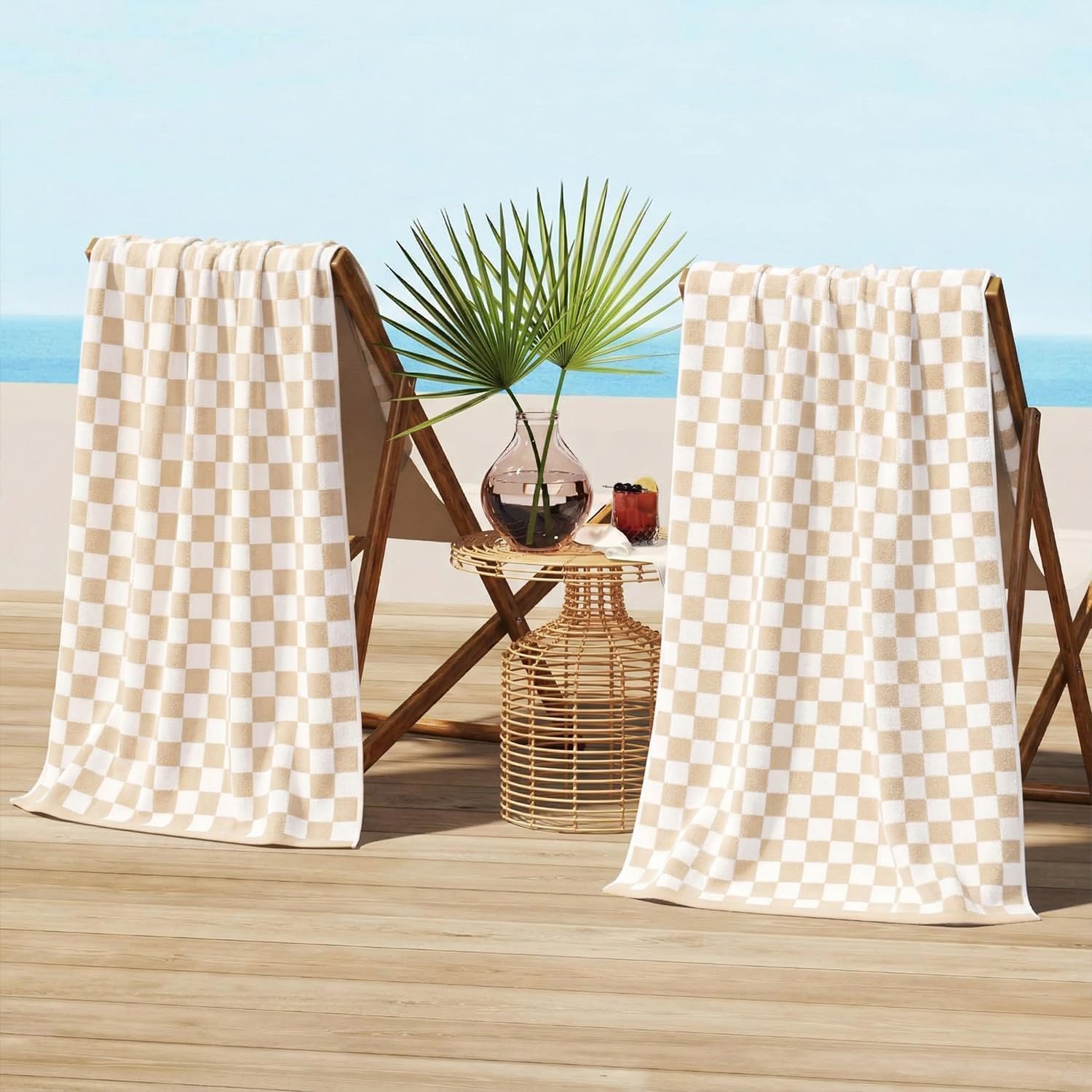 Jacquotha Checkered Beach Towels Set of 2 Oversized 35" x 70" (Sand) - Extra Large Quick Dry Cotton Bath Towels for Men, Women, Adults, Travel