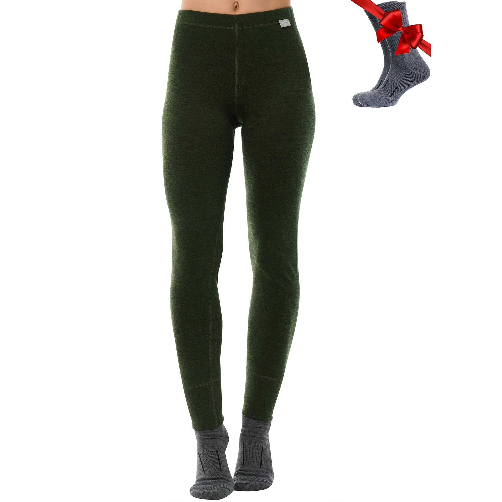 Merino.tech Women's 320 Army Green Merino Wool Base Layer Leggings 100% Merino Thermal Underwear Pants For Heavyweight + Wool Socks (Large, )