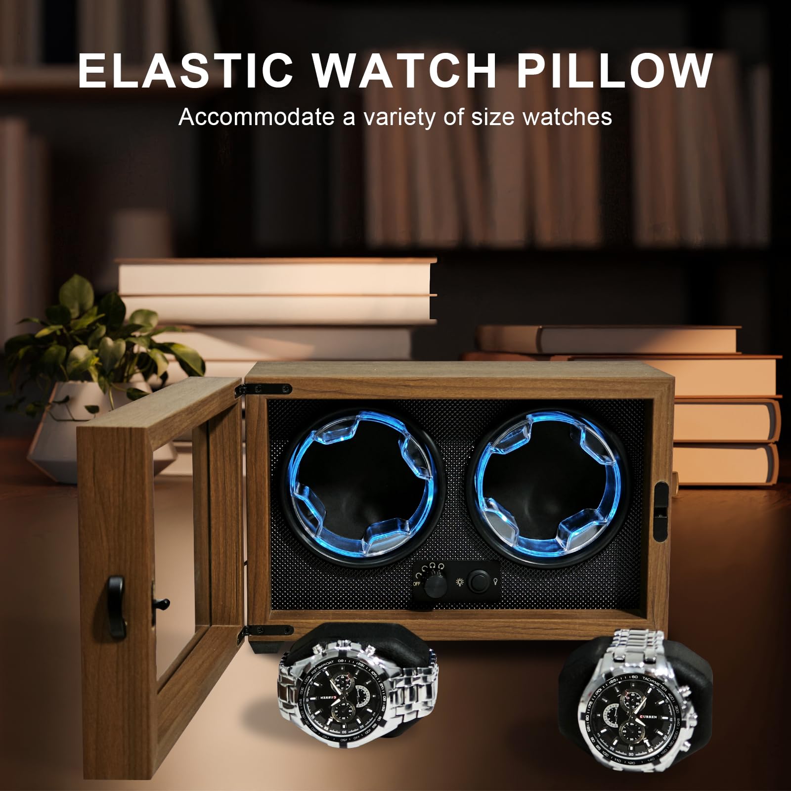 Double Watch Winder for Automatic Watches, Dual watch Winders Box for Watch lovers, with Quiet Motor 4 Rotation Mode Setting,Blue Light,Elastic Watch Pillows, Gift for Man