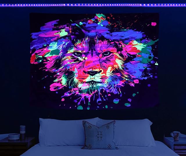 HOLAVIDA Lion Tapestry UV Reactive Abstract Fluorescent Wall Hanging Colorful Bedroom Dorm Decor(150cm×130cm)