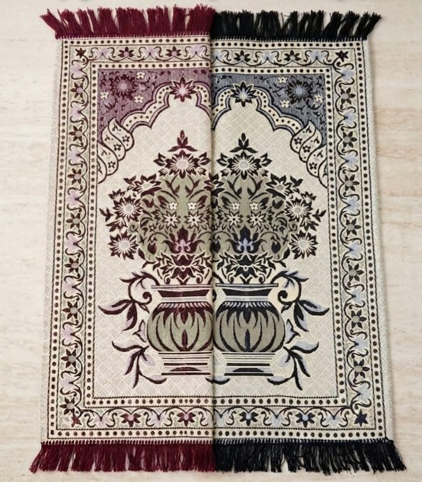 Supreme Floral Islamic Combo Prayer Mat for Men & Women | Soft Foldable Janamaz Musallah with Tassels | Lightweight Namaz Rug for Home Mosque Travel Use | Size 27x42 inch., Maroon & Coffee-image-4