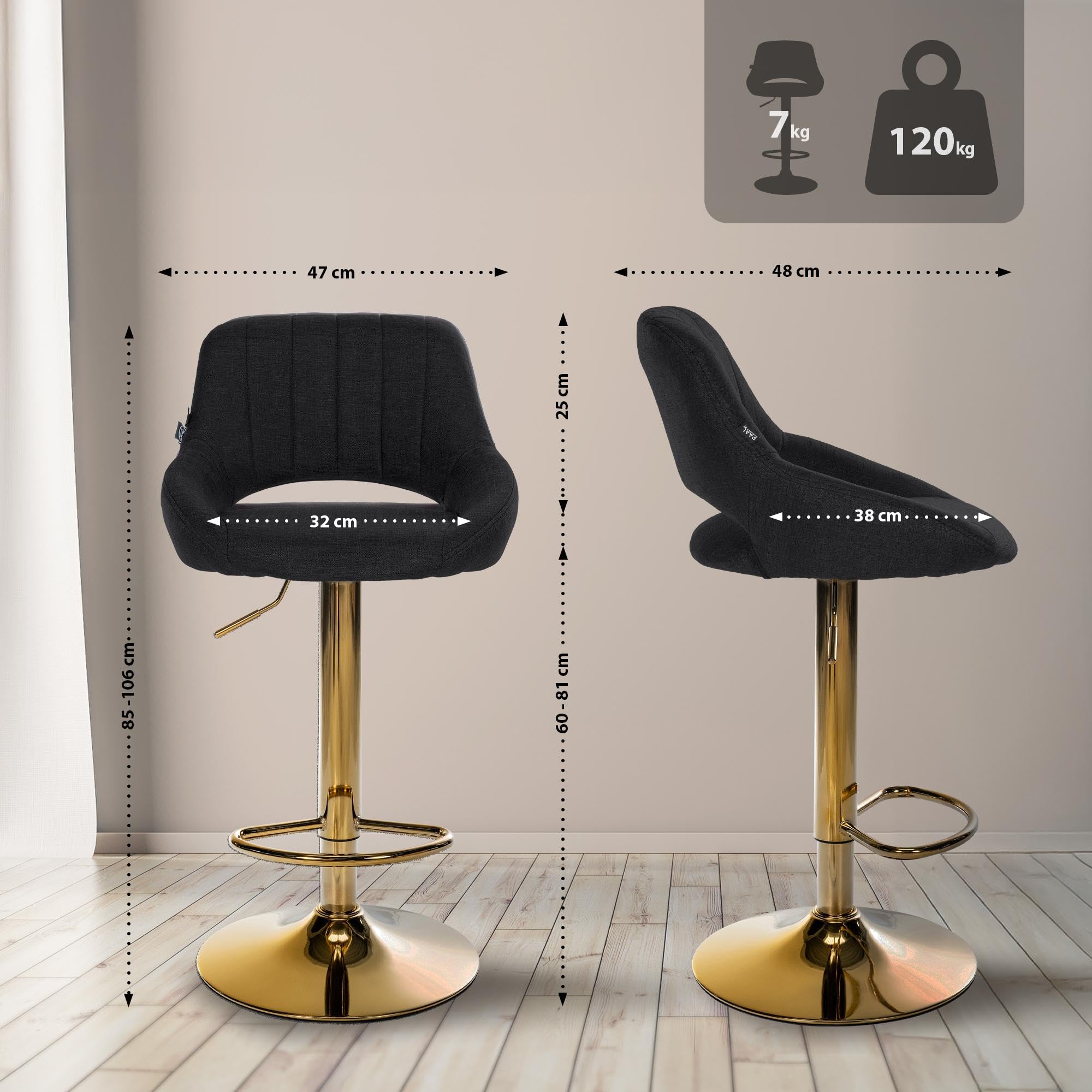 CLP Juego de 2 taburetes de Bar Milet Ajustables en Altura con Respaldo, Asientos Acolchados con tapizado de Tela, | Color Negro Material del Soporte Oro metálico