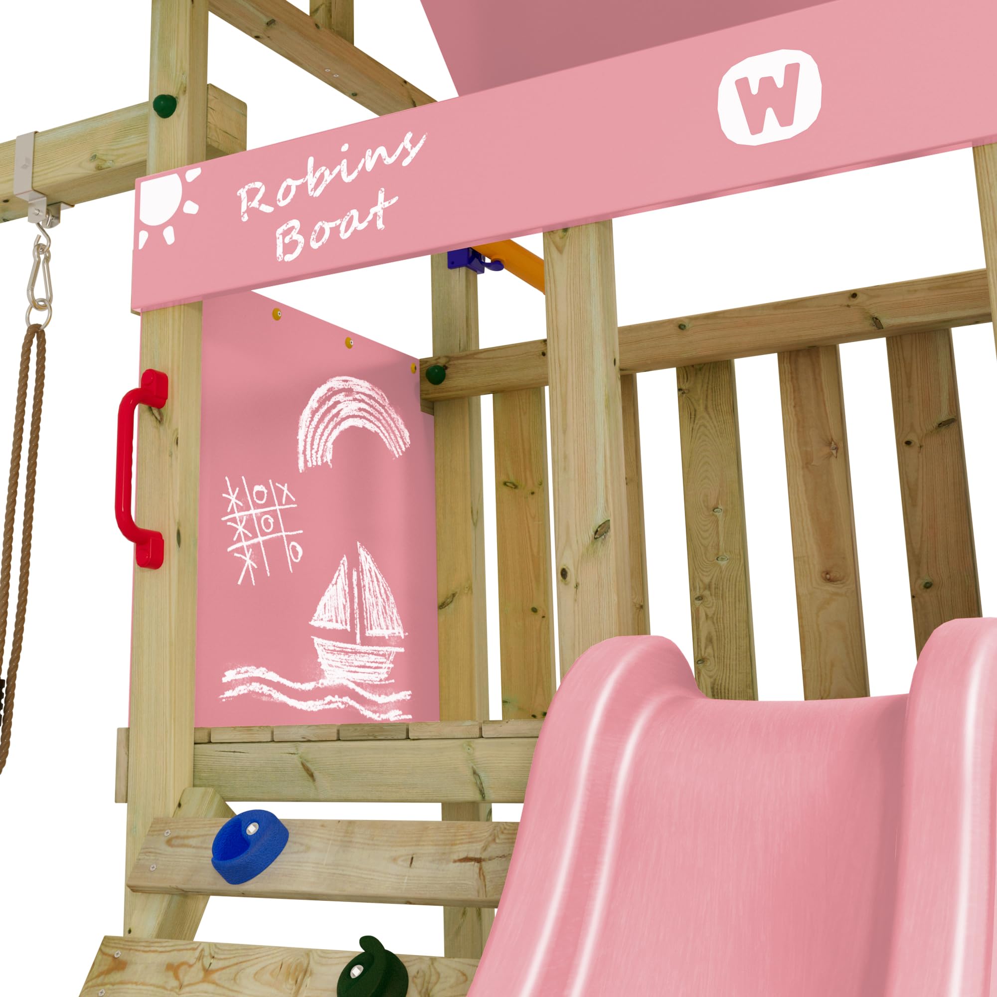 Wickey Spielturm DinkyHouse mit Picknicktisch - pastellpinke Rutsche & Plane - Kinder Kletterturm für den Garten aus Massivholz - 334x317x247 cm