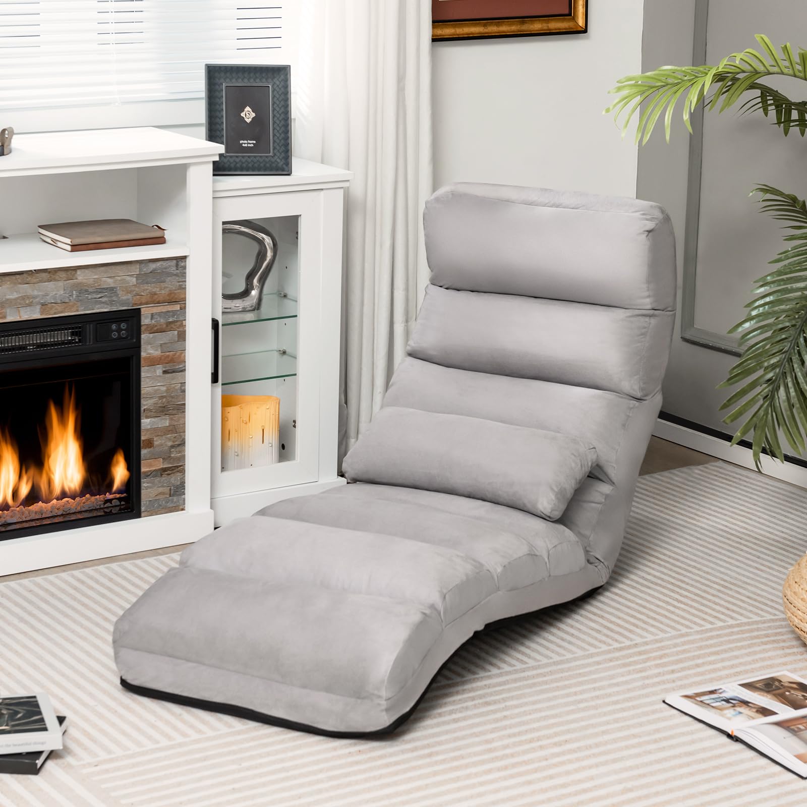 COSTWAY Fauteuil Relax Salon en Faux Daim Pliable, Réglable sur 5 Positions Chaise de Relaxation Rembourrée Fauteuil Sol pour Salon, Mobilier de Bureau, Chambre (Gris)