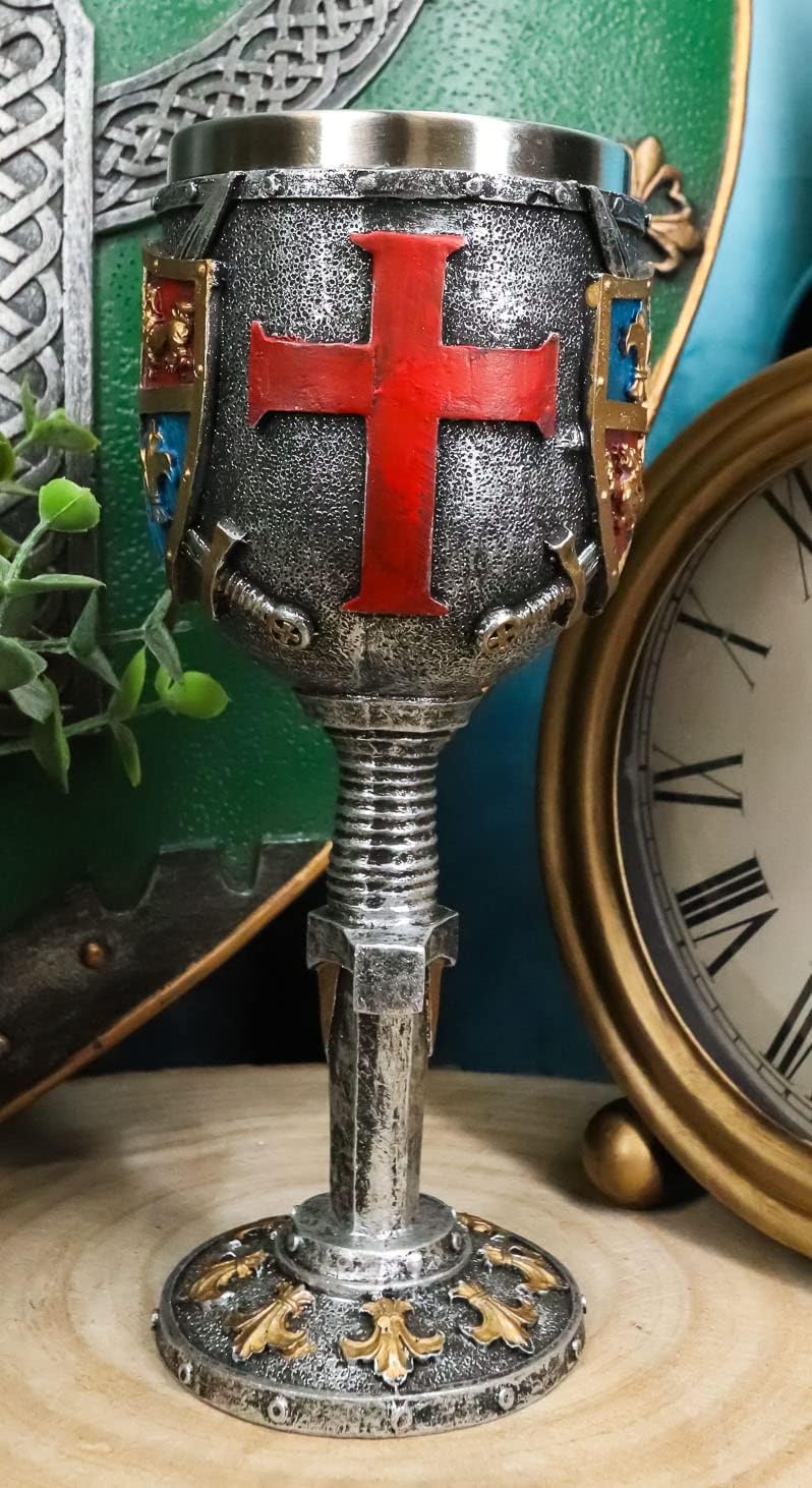 Ebros Lion And Fleur De Lis Coat Of Arms Heraldry Medieval Renaissance Crusader Knight Suit of Armor Drinkware Serveware With Excalibur Sword Handle Stem Decor Accent (Wine Goblet Chalice)