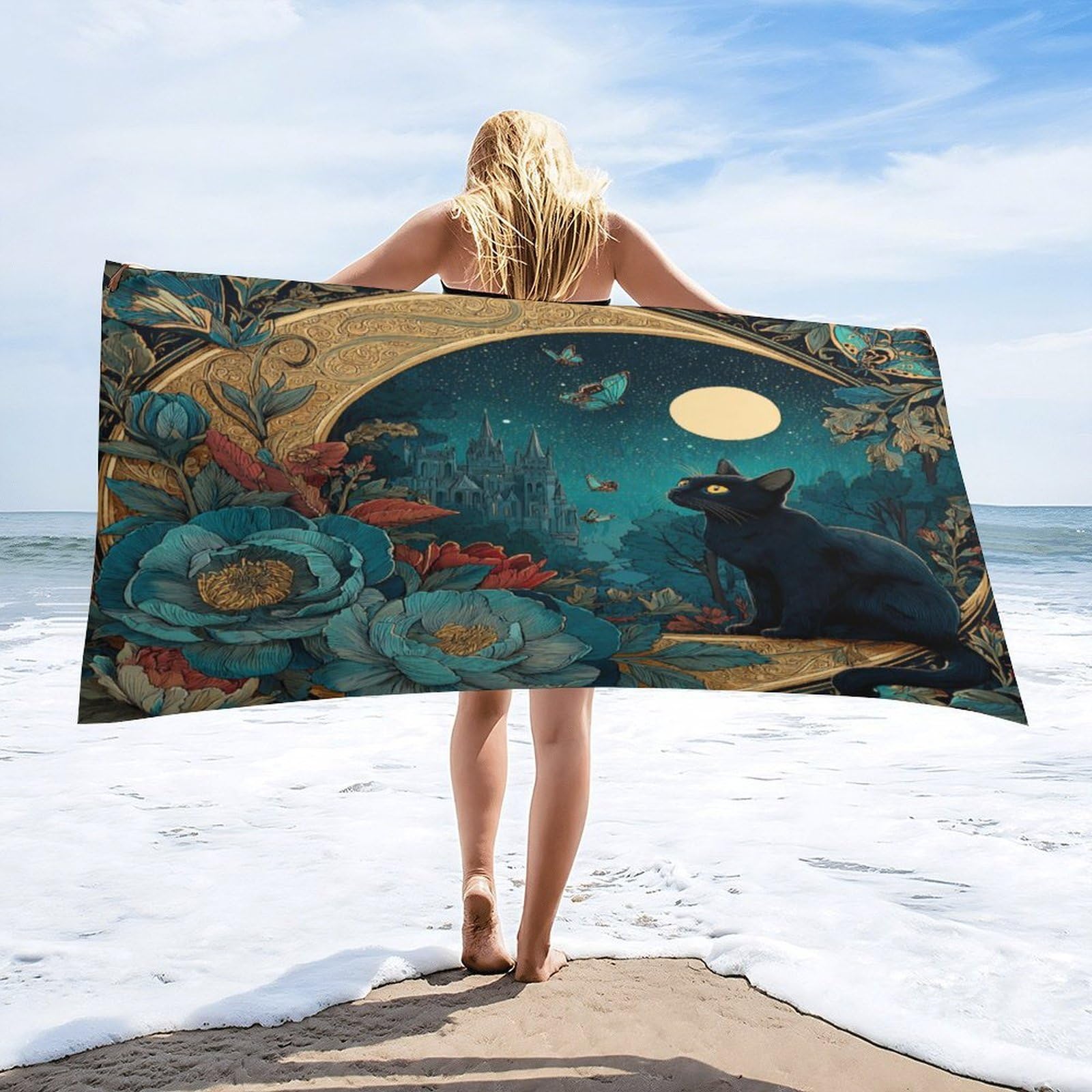 LUYYSKY Retro Realistic Black Cat Quick-Drying Beach Towel, Romantic Japanese Starry Sky Castle Plants Floral Animal Butterflies Travel Vacation Single Sided Pile Bathroom Towels-80 W cm x 160" L cm