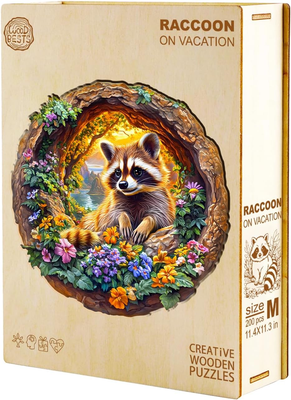Jigfoxy Wooden Puzzles for Adults, Raccoon Wood Puzzles Adult, Unique Animal-Shaped Wooden Jigsaw Puzzles for Adults, Christmas and Thanksgiving Gifts for Family and Friends (L-13.4 * 13.3in-295pcs)