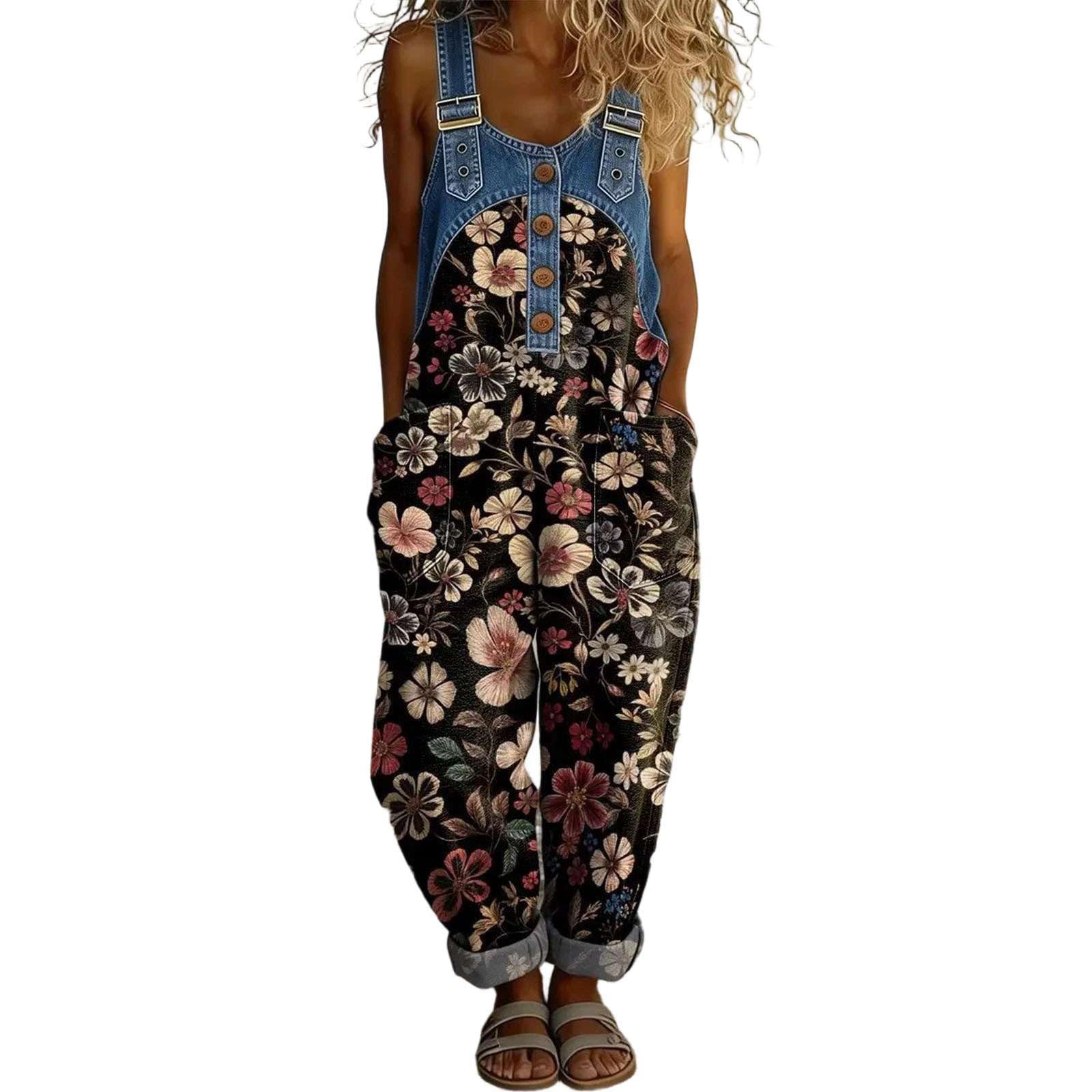 Denim Jumpsuit Damen Sommer Frauen Overall Vintage Boho Tasche Latzhose