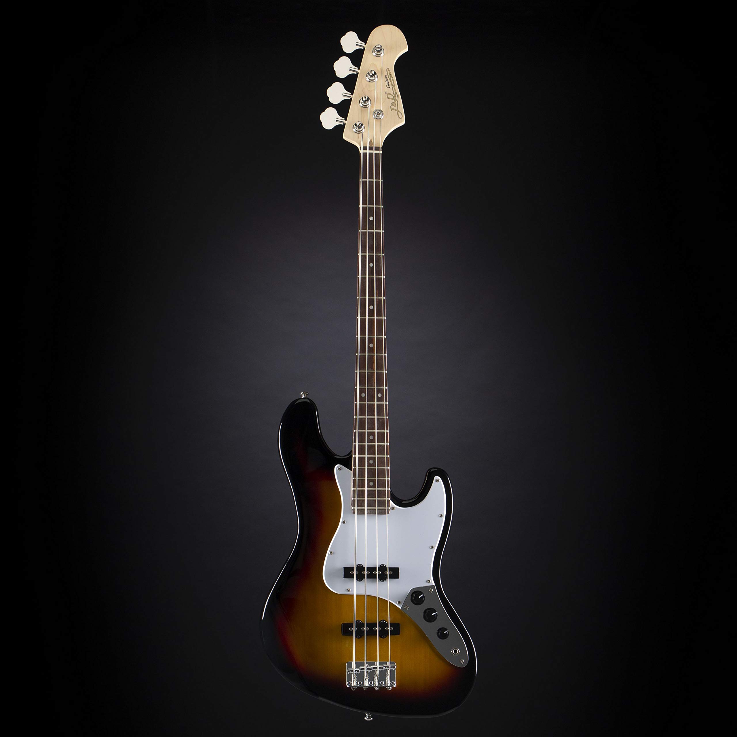 J & D E-Bass, Bass Gitarre mit 4 Saiten und Linde Korpus, JB Bass mit 2 Single Coil Tonabnehmern und passiver Elektronik, 3-Tone Sunburst