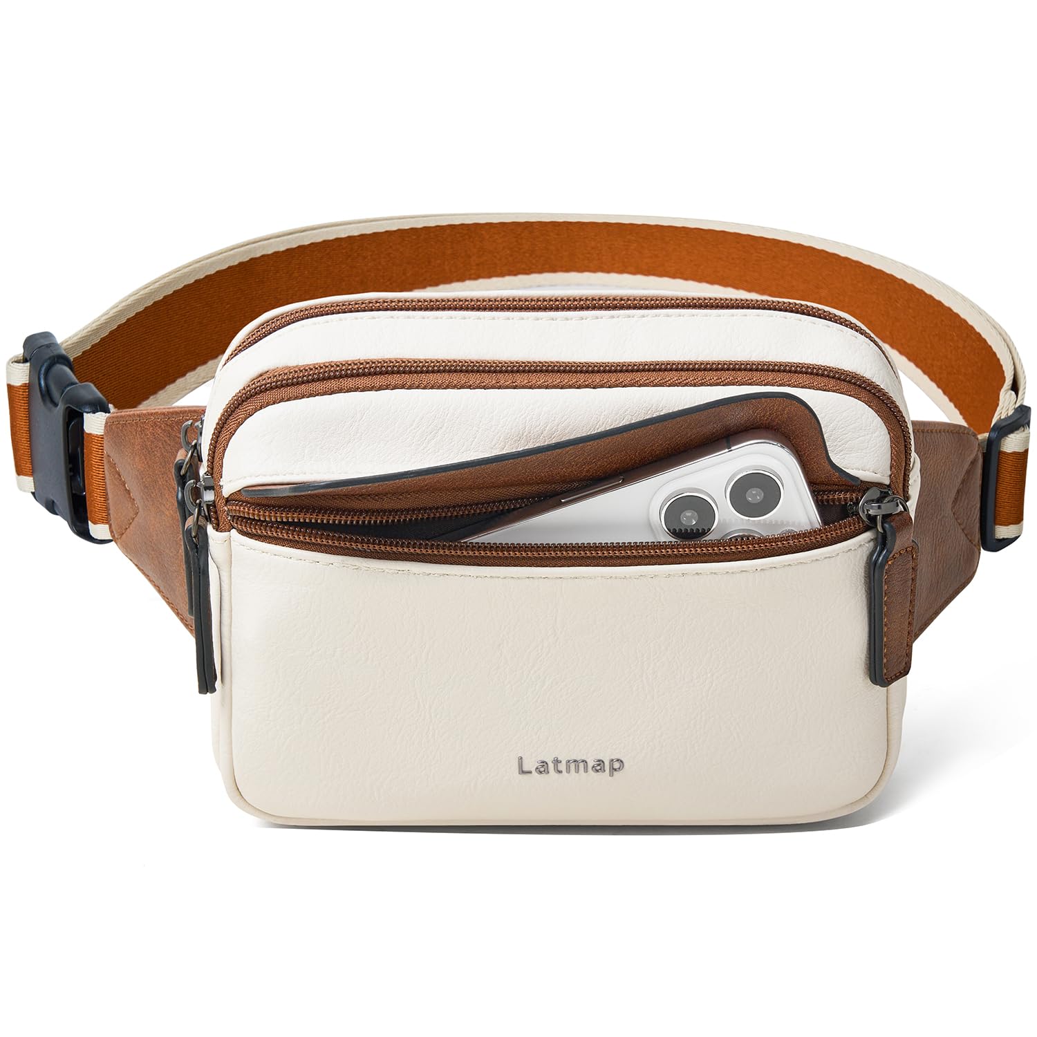 LATMAP Sac banane de 3 L pour femme en cuir végétalien, sac banane tendance, petit sac banane pour voyage, course à pied, entraînement, beige