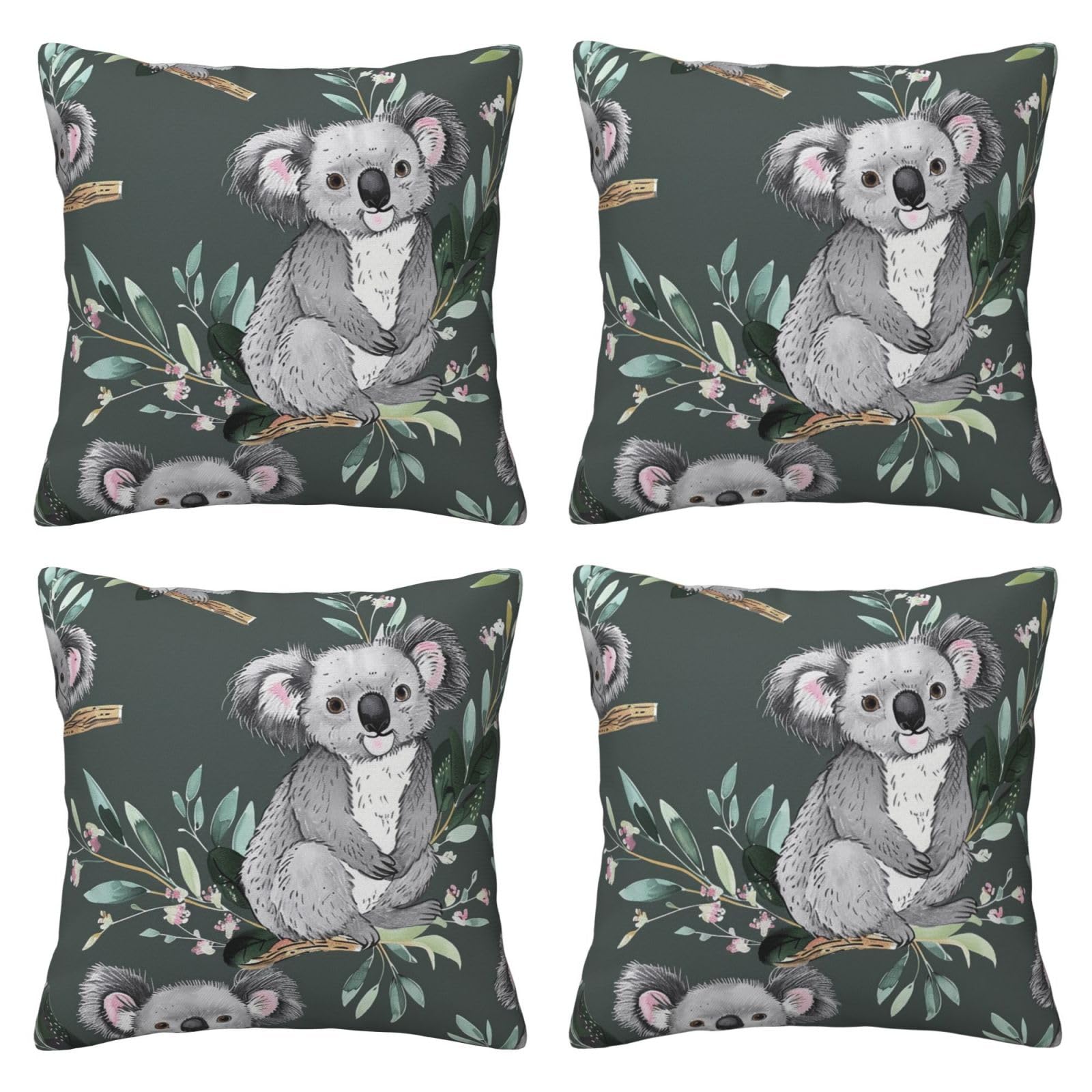 lovely Koala Throw Pillow Cases 4 Pack Square Pillowcases Super Soft Pillow Protectors With Zipper for Couch Livingroom Sofa Bed Office Car,50x50 CM