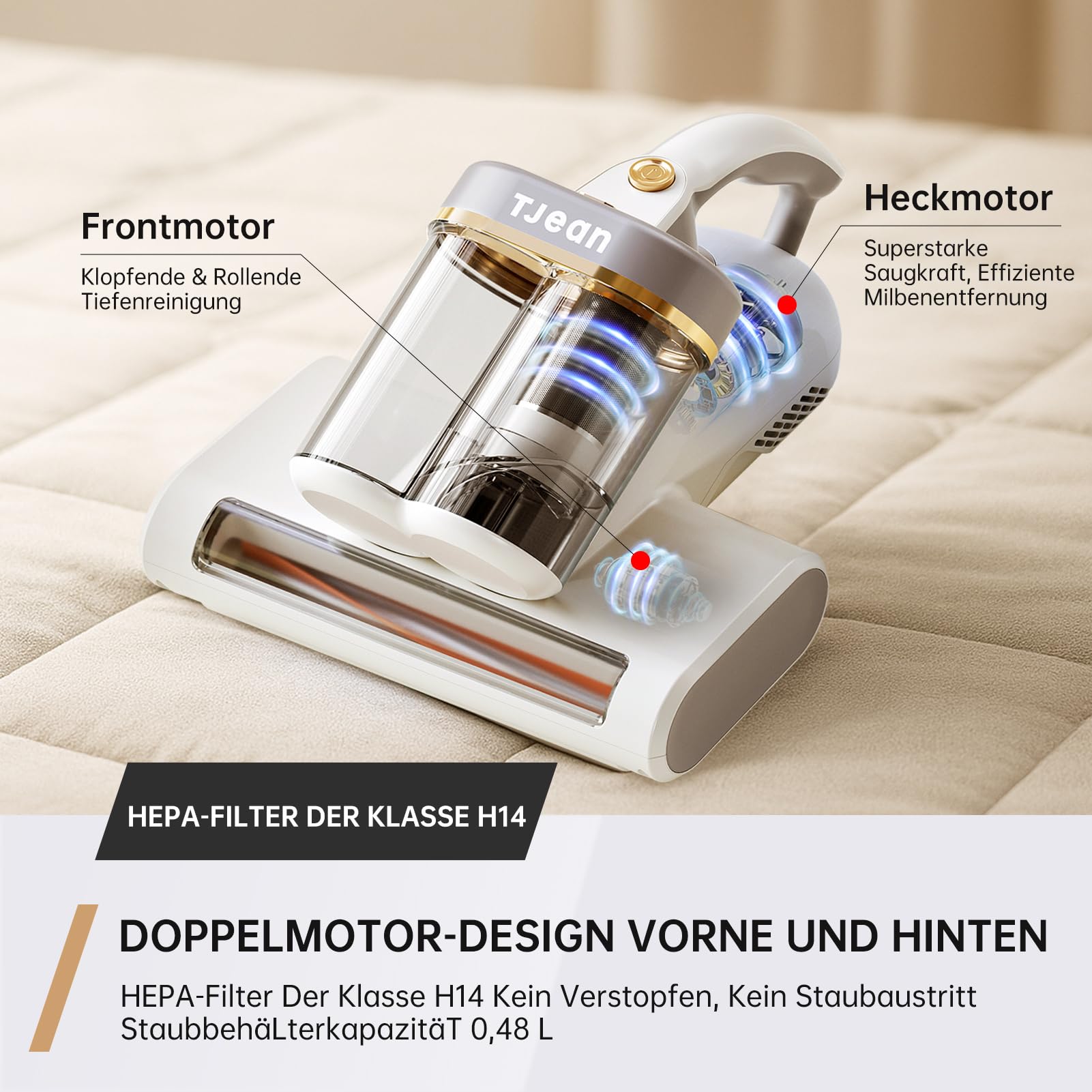 Tjean UV Milbensauger für Matratzen – Doppelter Staubbehälter, HEPA-Filter, Heißer Wind Funktion