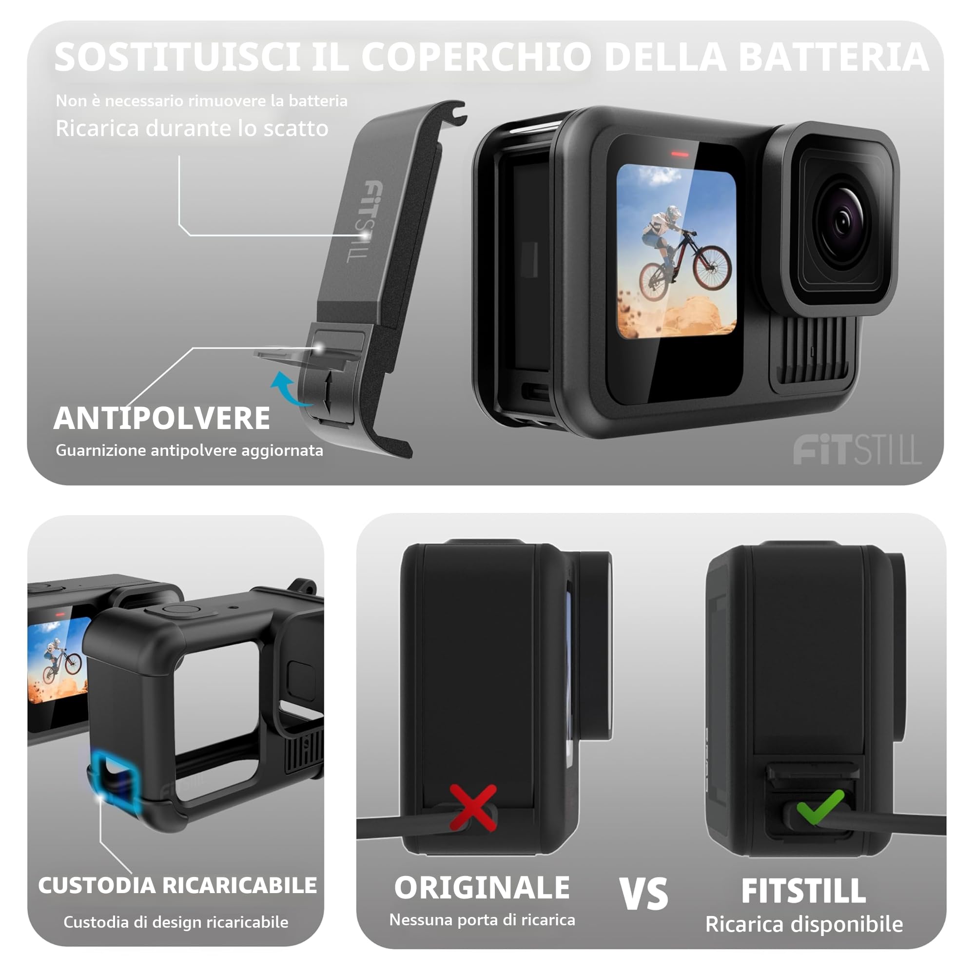 FitStill Set Protezione Go Pro Hero 13 Nero Poliuretano Silicone Coperchio Batteria Pellicola Copriobiettivo Cordino