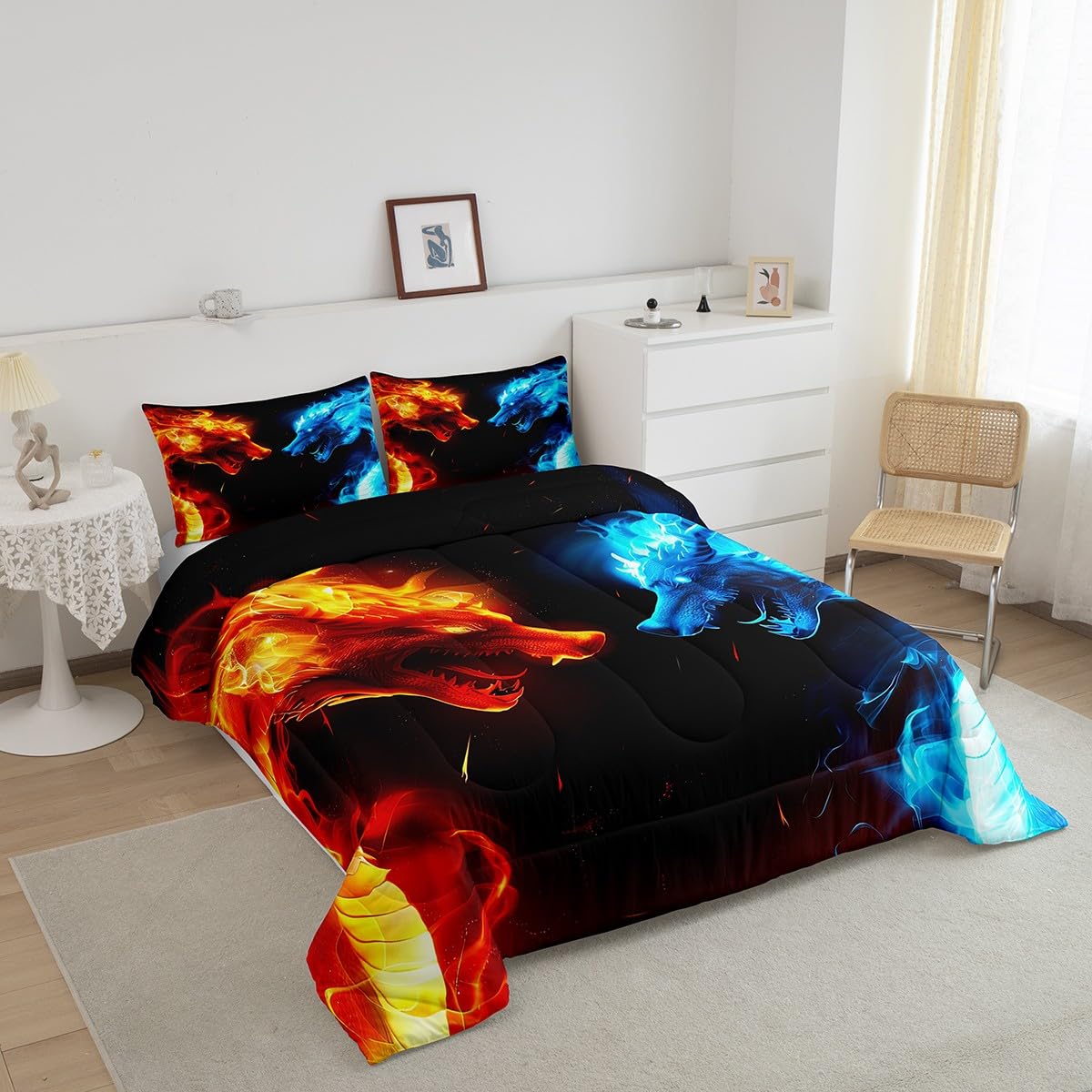 Erosebridal Bettwäsche-Set King-Size Mit Drachen-Motiv – Polyester-Mikrofaser, 3-teilig (264x229cm + 2 Kissen), 3D-Druck