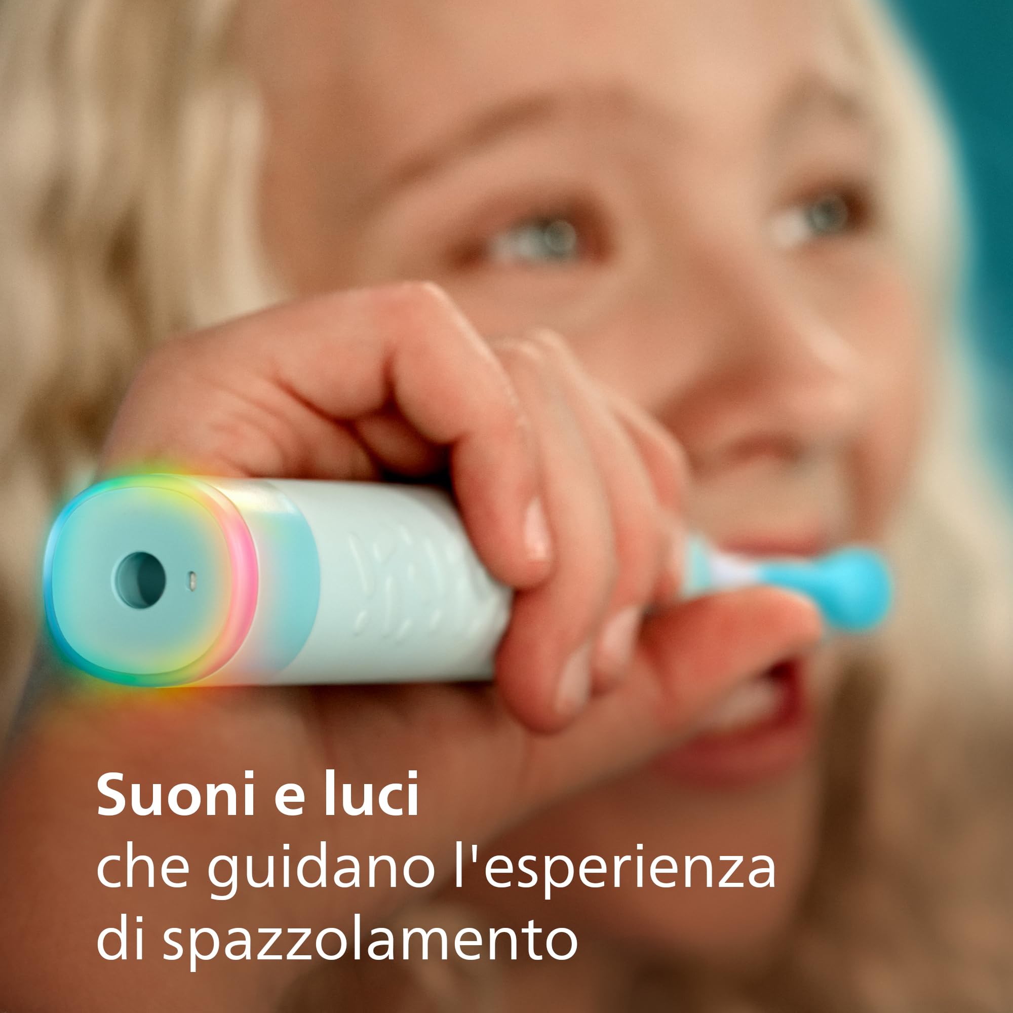 Spazzolino elettrico sonico smart Philips Sonicare for KidsCon app, dai 3 anni in su, 2 modalità delicate, timer da 2 minuti con luci e suoni, 2 testine, verde acqua, modello HX6600/13