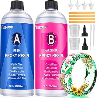 Teexpert Epoxy Resin Crystal Clear: 34oz Epoxy Resin kit 3X Yellowing Resistant Fast Curing for Casting Coating Art DIY Craft Jewelry Wood Table - 2 Part(17oz Resin and 17oz Hardener)