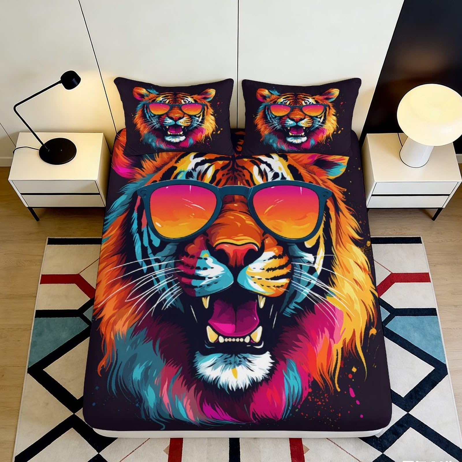 3D Printed Colorful Tiger with Sunglasses Fitted Sheet Microfiber Soft Breathable Vibrant Animal Print Mattress Cover for Bedroom Dormitory Guest Room Decor 140x200x25cm