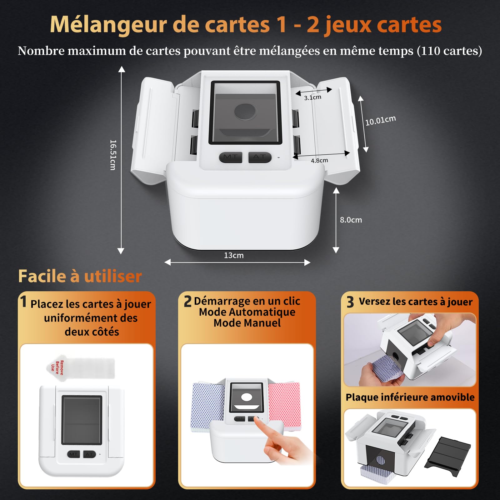 Mélangeur de Carte Automatique 1-2 Jeux, Card Mixer Silencieux pour UNO Skyjo PILI PILI Skip-Bo, Auto & Manual, Chargement USB, Portable Mélange et rapide + Cas de Poker (Blanc)