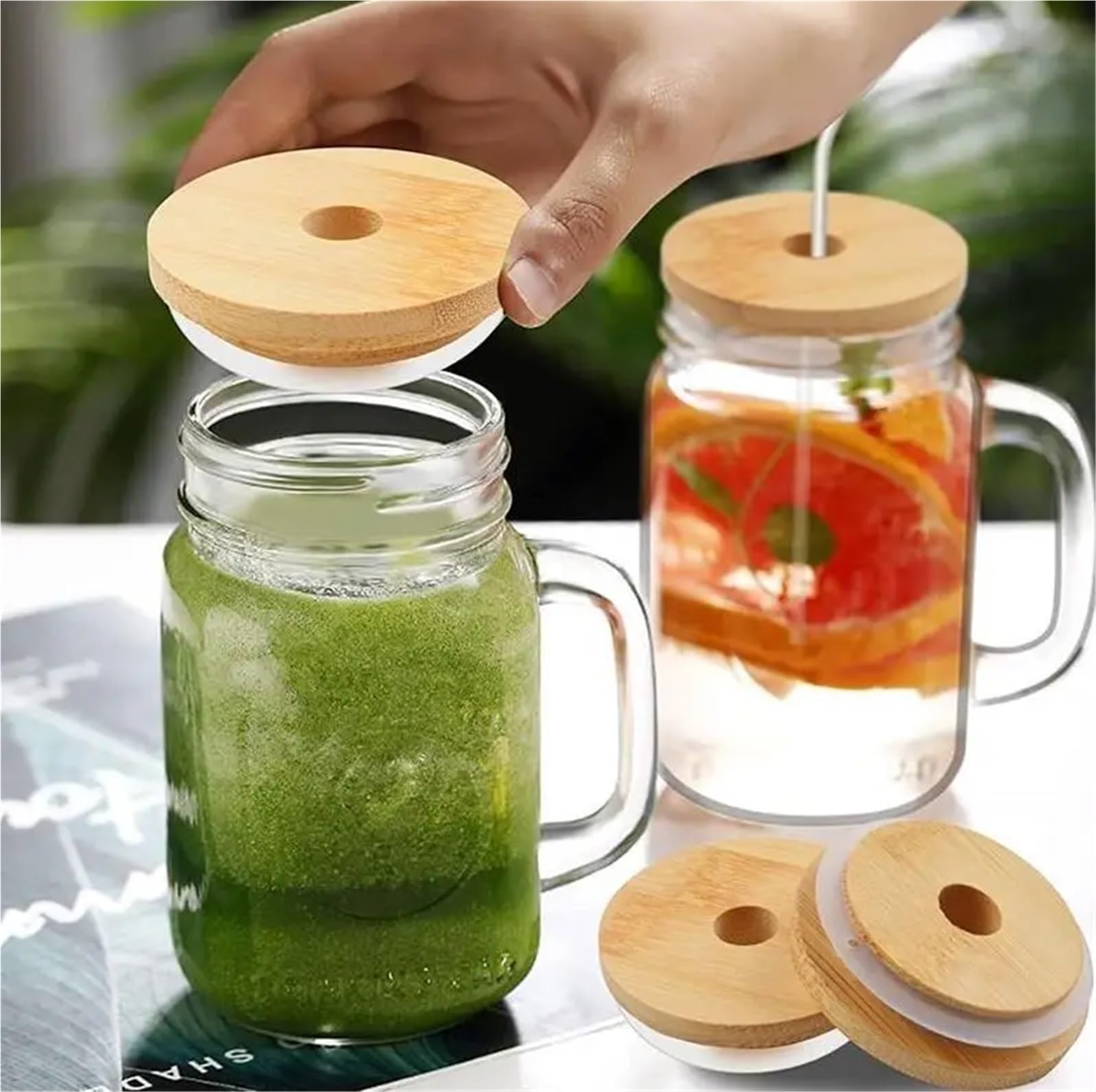 20 coperchi per tazze in vetro di bambù, 70 mm, 86 mm, riutilizzabili, in legno, con foro per cannuccia, guarnizione in silicone