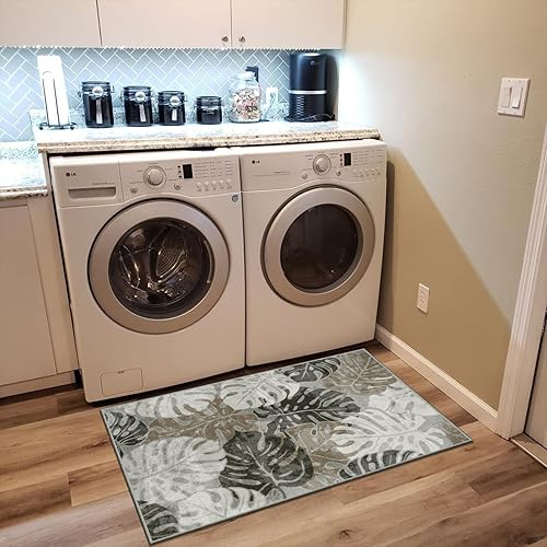 Miniatura 7 de Lanffia Alfombra de área con hojas de 2 x 3 pies, color caqui, lavable, tamaño pequeño, de lana sintética, alfombra de baño Monstera, alfombra de