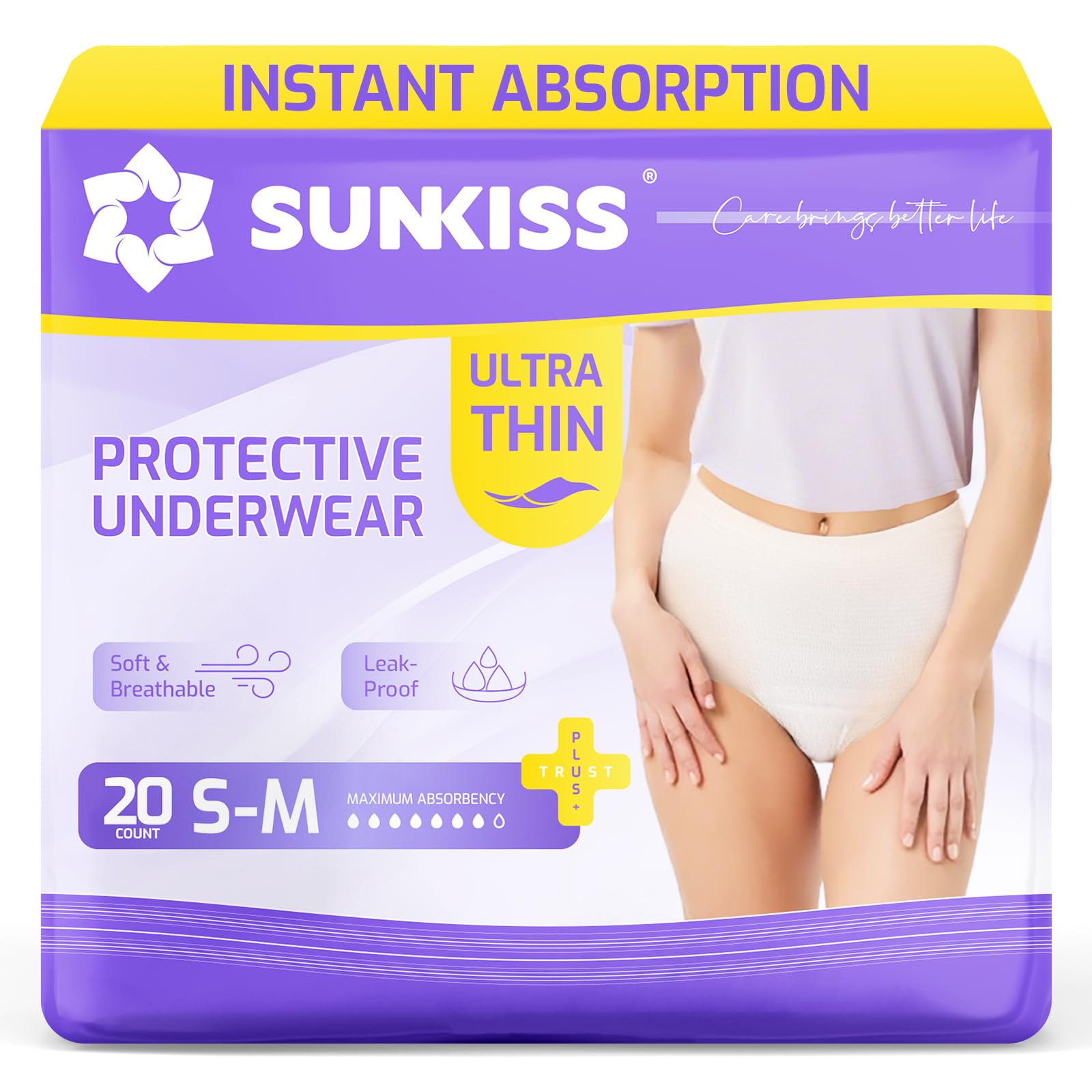 SUNKISS Ultra Thin Incontinence Underwear for Women, Fast-Absorbing & Super Soft Postpartum Diapers, Disposable Adult Pull Ups, Small/Medium, 20 Count Small/Medium (20 Count)