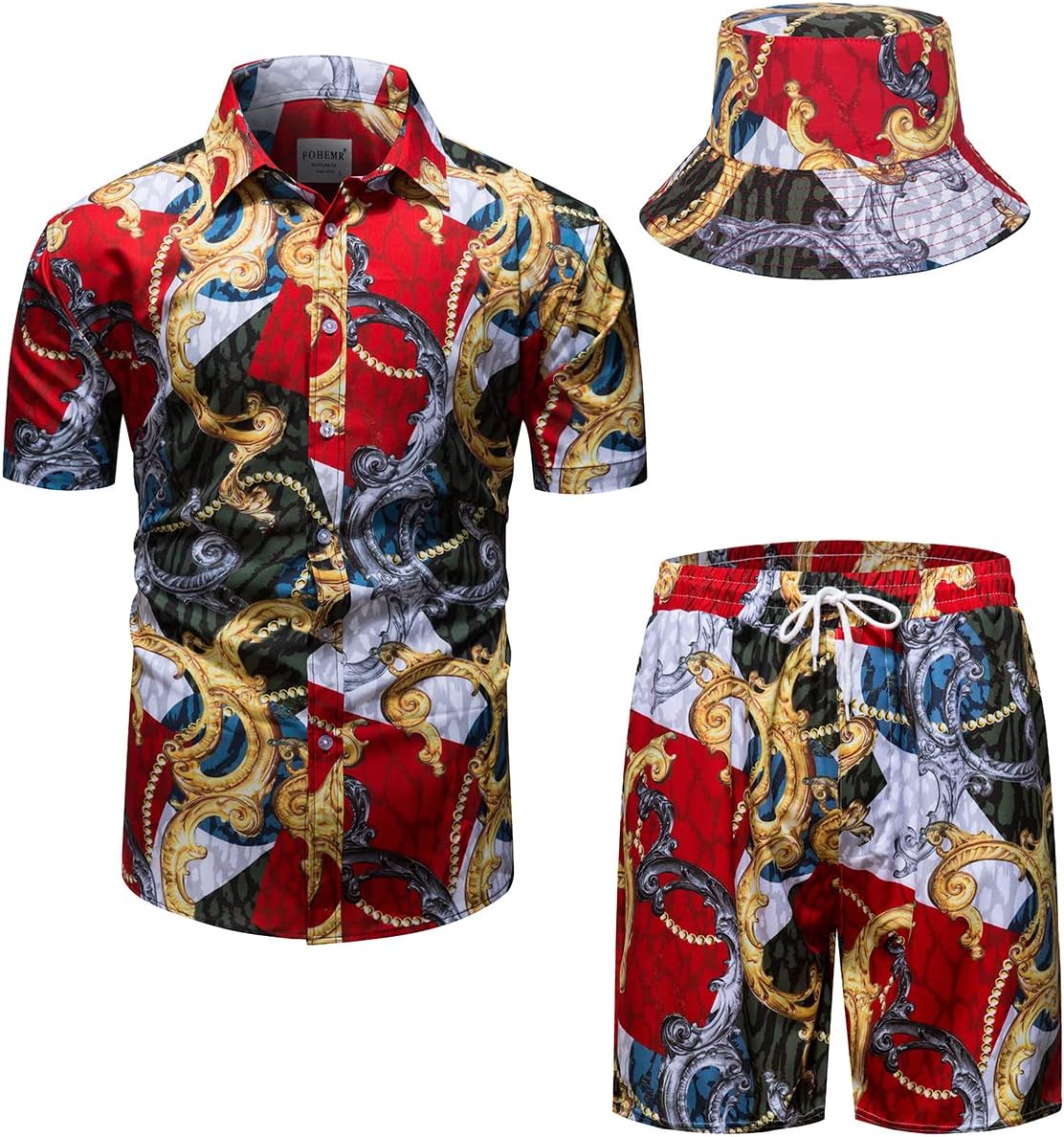fohemrMens Luxury Shirt and Short Set Outfit Baroque 2 Piece Black Gold Chain Print Casual Button Down Hawaiian Shirt Suits with Bucket Hat