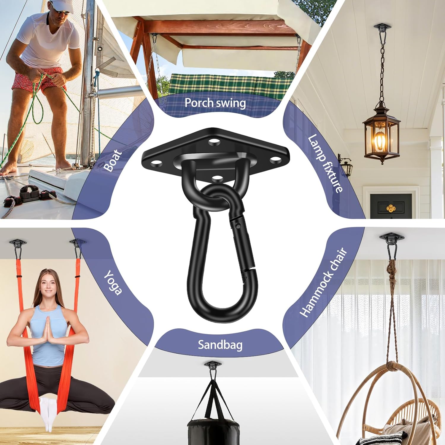 Hammock Hooks 4 Pack, Heavy Duty Hammock Hanging Kit, M10 304 Stainless Steel Pad Eye Hanging Hooks for Porch Swing Hang, 3400Lbs Holding Capacity,Black