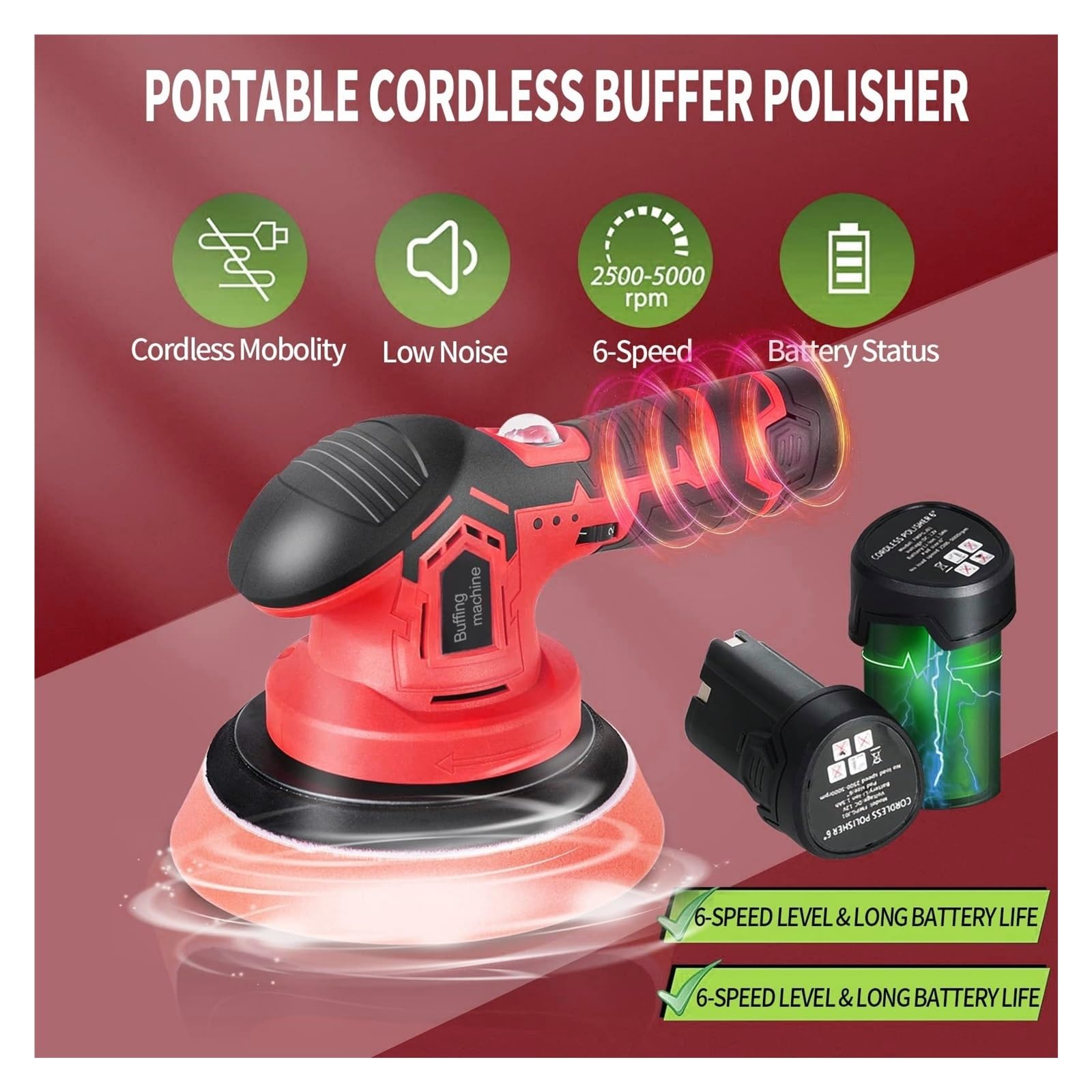 Pulidora Máquina de abrillantado for coche inalámbrico, pulidor de tampón inalámbrico de 6 pulgadas, lijadora de 6 velocidades variables, herramienta for cera de pulido eléctrico, 2500-5000RPM Para en