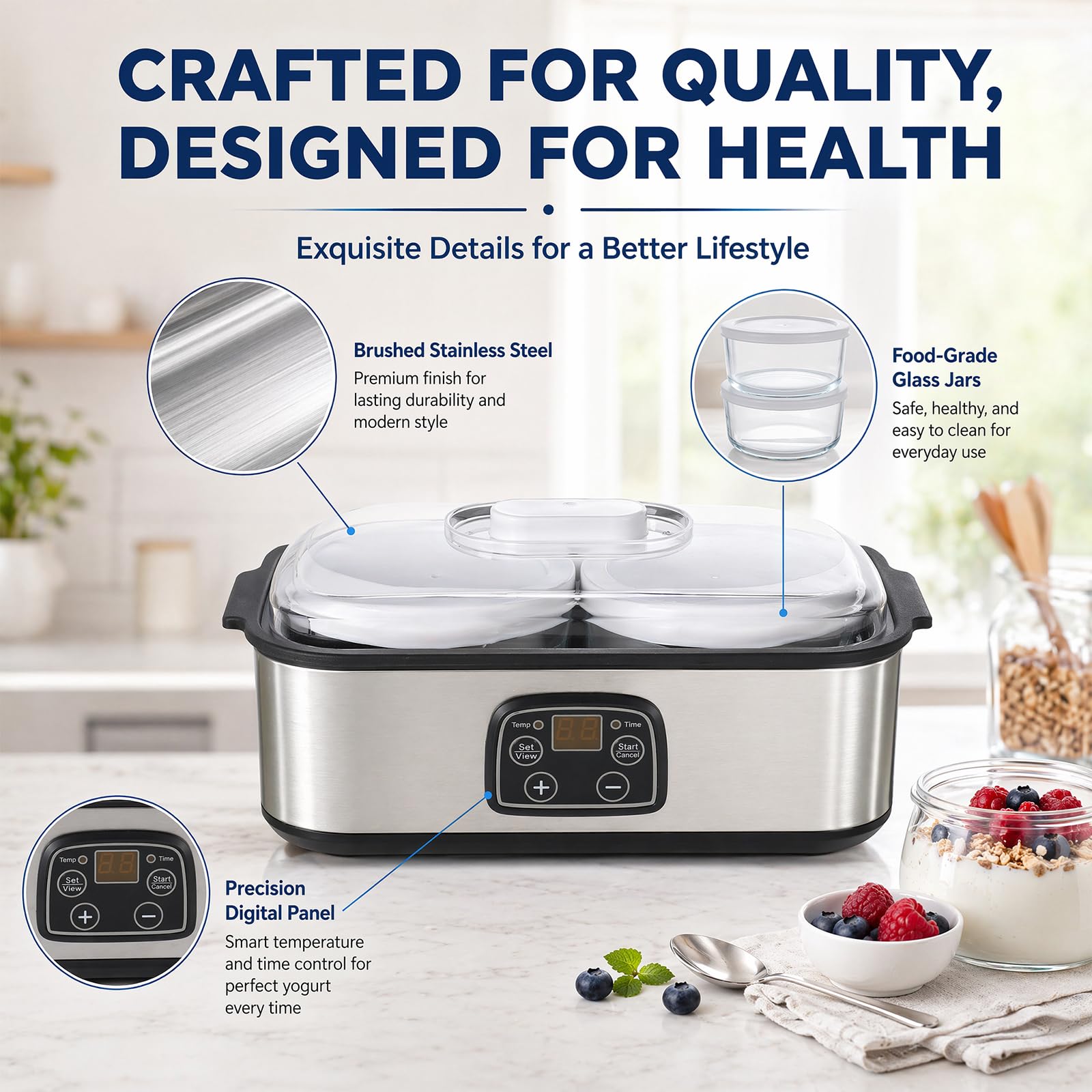 Yaourtière automatique de 2 l, température réglable et minuterie, yaourtière électrique avec affichage LED et 2 verres, pour la préparation de yaourts bio, produits laitiers, fromage, Natto