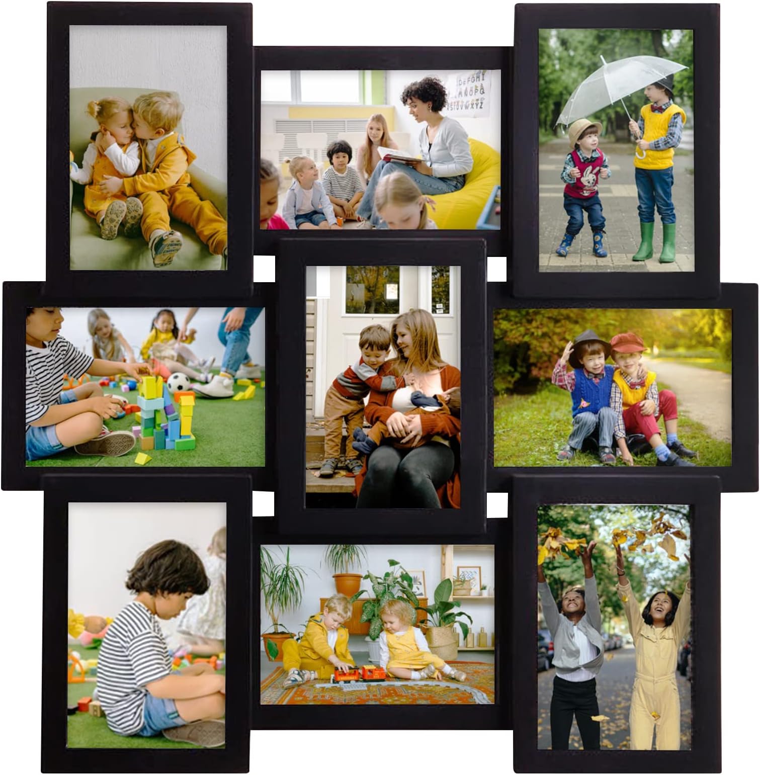 J.M.Deco Picture Frame Sets For Wall Collage, 9 Opening Frames 6 x 4 Collage with Family Friend's Memory, Rustic Distressed Photo Hanging 4x6, Black, Black