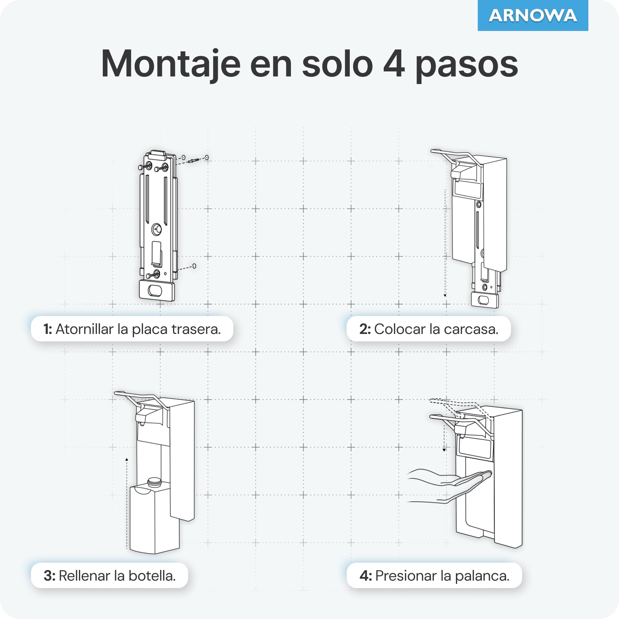 ARNOMED 4 dispensador jabon baño Pared de Aluminio para 1000 ml, dispensador jabon Pared de Palanca Corta, dispensador de jabon Pared, desinfectante Manos dispensador