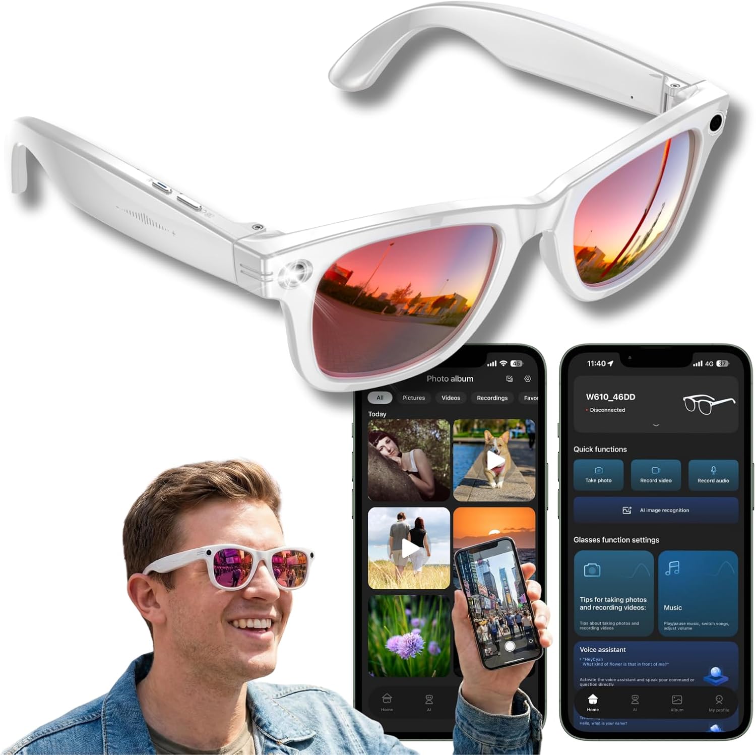Smart Glasses with Camera, 8MP POV Recording Sunglasses for Travel, Cycling & Outdoor Use, AI Object Recognition, Voice Translation, Bluetooth Audio, Built-in Storage, IP67, Red Mirrored Lens