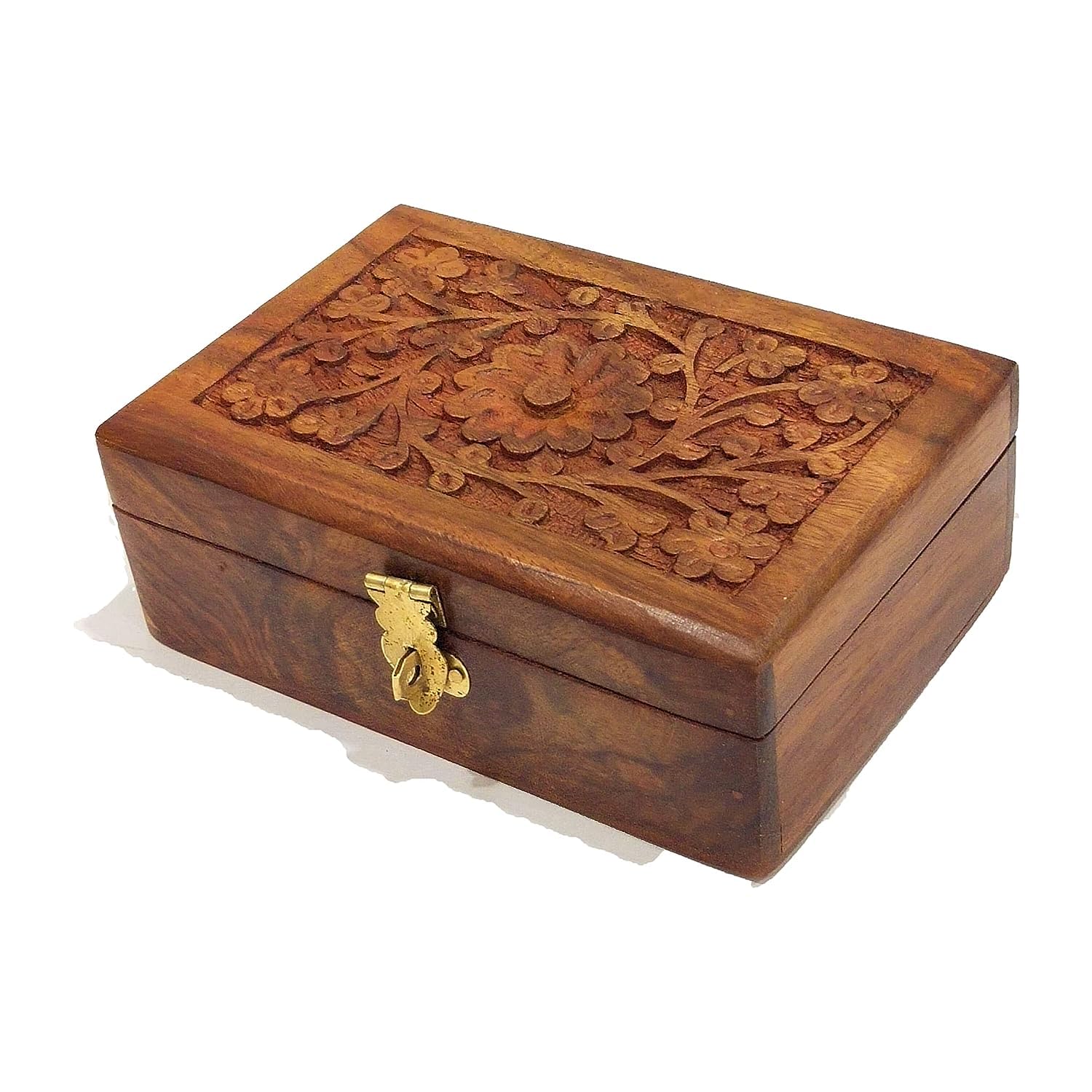 MagicGhar Handmade Wooden Jewellery Box for Women Wood Jewel Organizer Hand Carved with Intricate Carvings Gift Items - 6 inches
