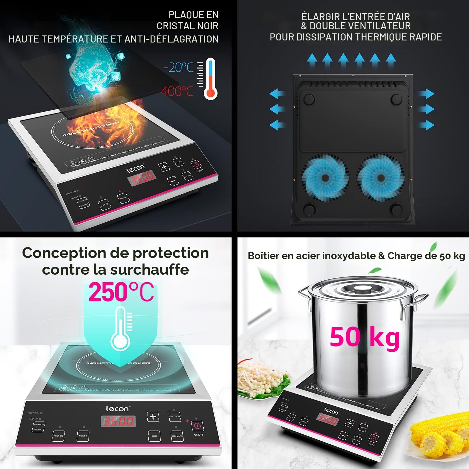 Induction hob, 3500W power, with timer Induction plate, Load capacity 50kg, stainless steel housing, temperature control