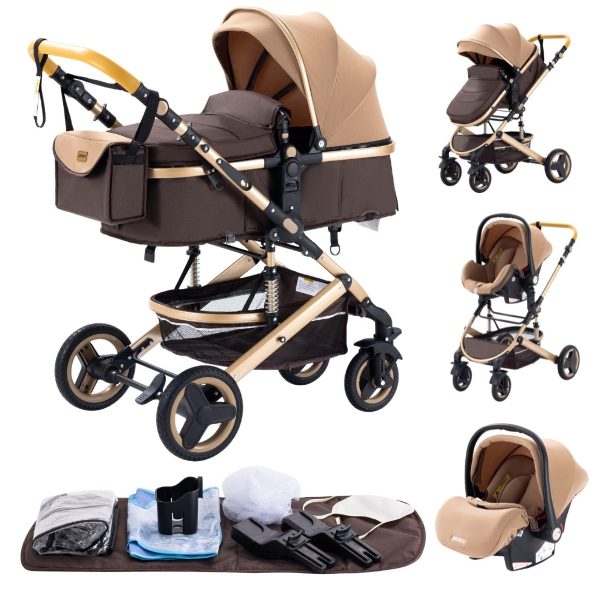 GLOKID Carrito bebé 3 en 1, Carro, Carrito bebé 3 Piezas, Silla Paseo, Sistema de viaje, Plegable, neumáticos de caucho, Con accesorios, Góndola, Adaptateurs, 25 kg (530 kaki)…