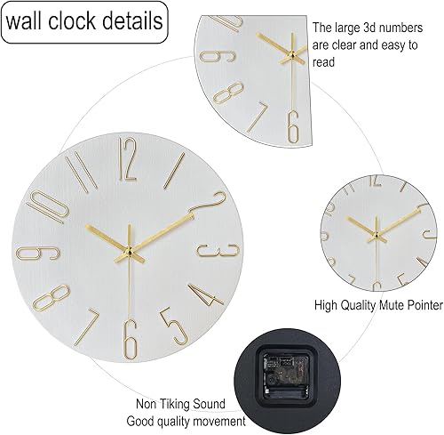 Miniatura 5 de AIRUIFU Reloj de pared de 12 pulgadas, silencioso sin tictac, funciona con pilas, analógico, pequeño, clásico, para oficina, hogar, baño, cocina,