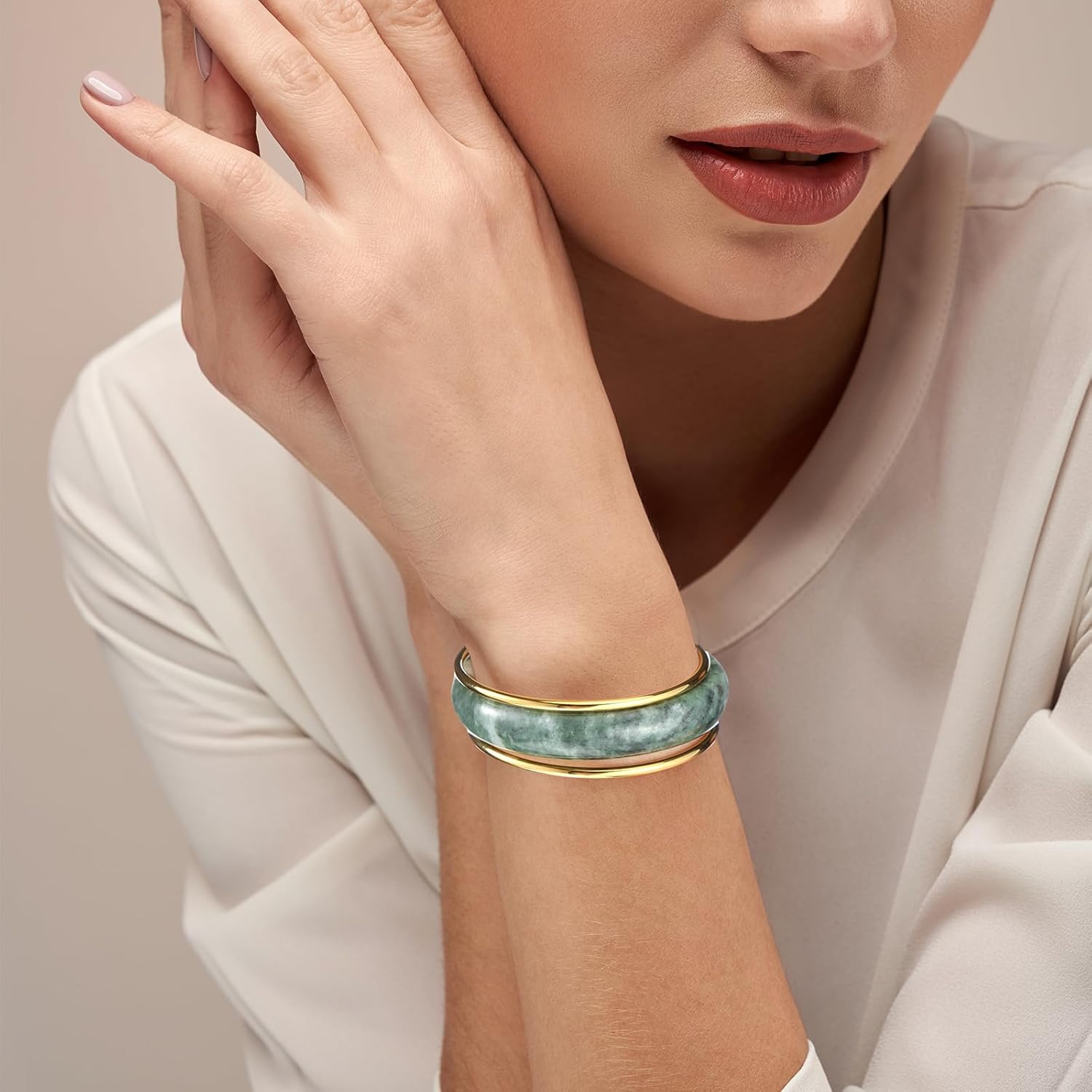 Tondiamo 3 Pcs 2.4'' Stackable Jade Bangle Bracelet Gold Bangle for Women with Stainless Steel Gold Plated Bracelet Real Nature Jadeite Good Luck Healing Jewelry Valentines Gifts for Women - Image 3