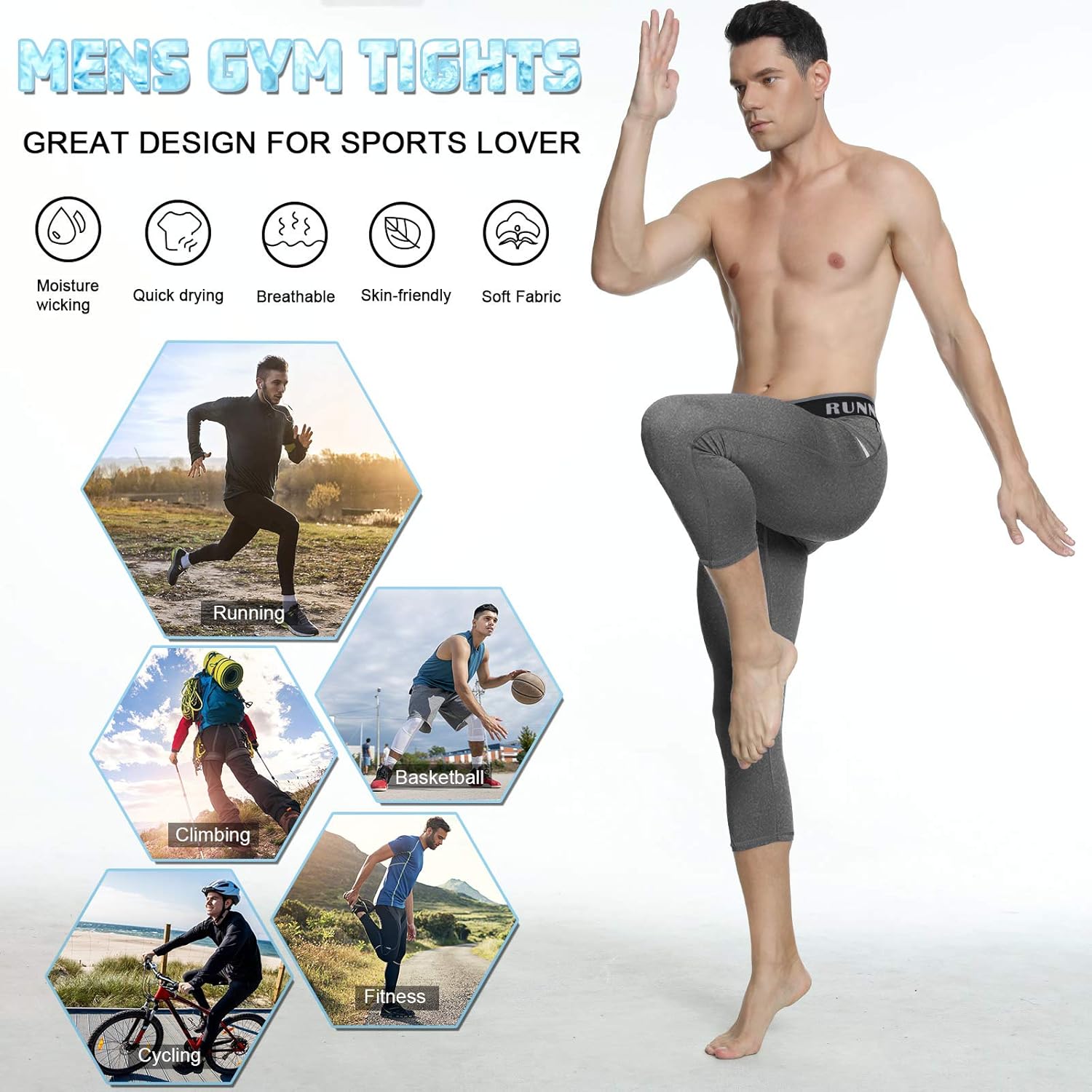 MEETYOO Men's 3/4 Compression Pants with Pockets, Black+White+Grey, Small