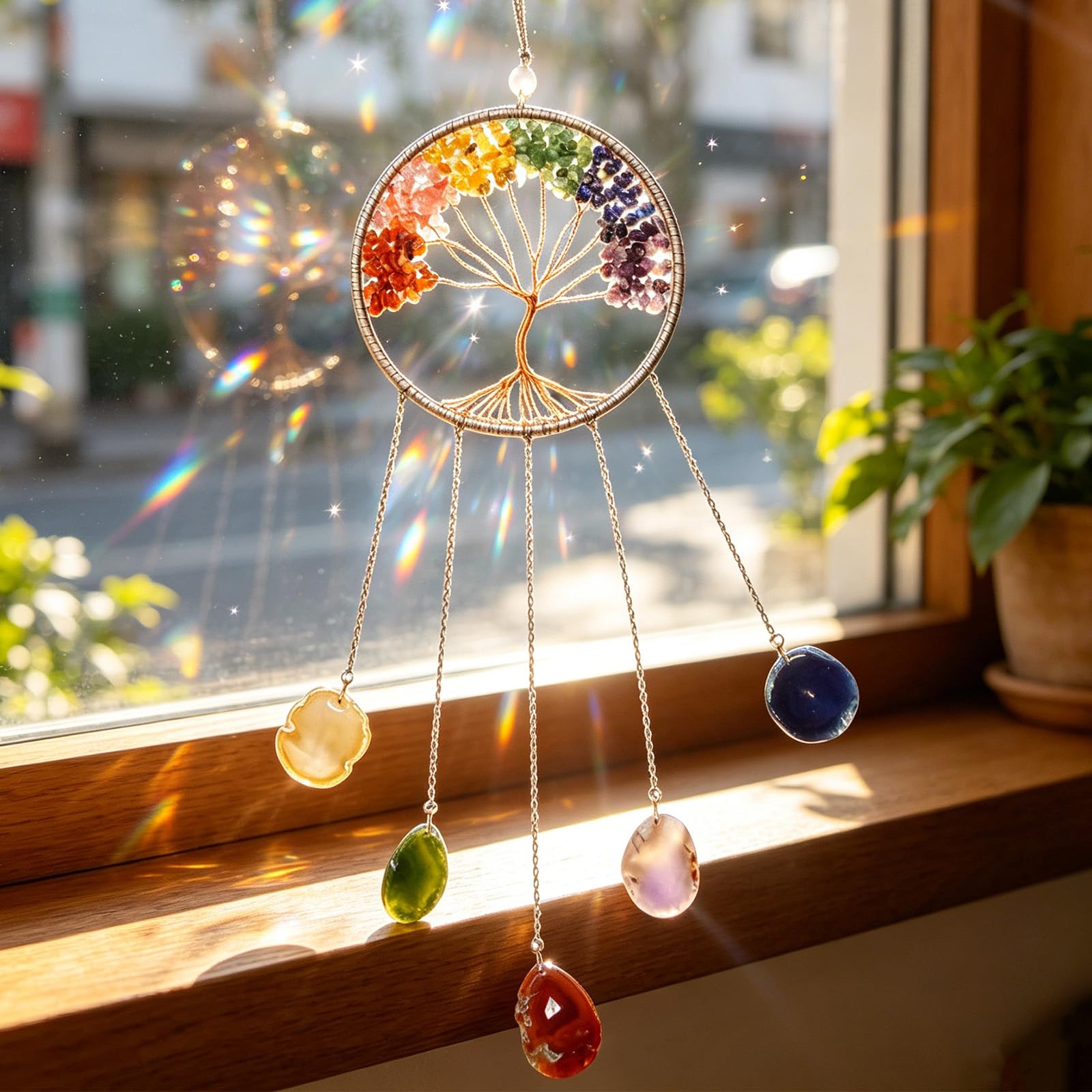 Hoypeyfiy Cristales árbol de la vida atrapasueños, piedra preciosa natural ágata chakra escudo colgante de pared decoración del hogar para meditación yoga arte de pared