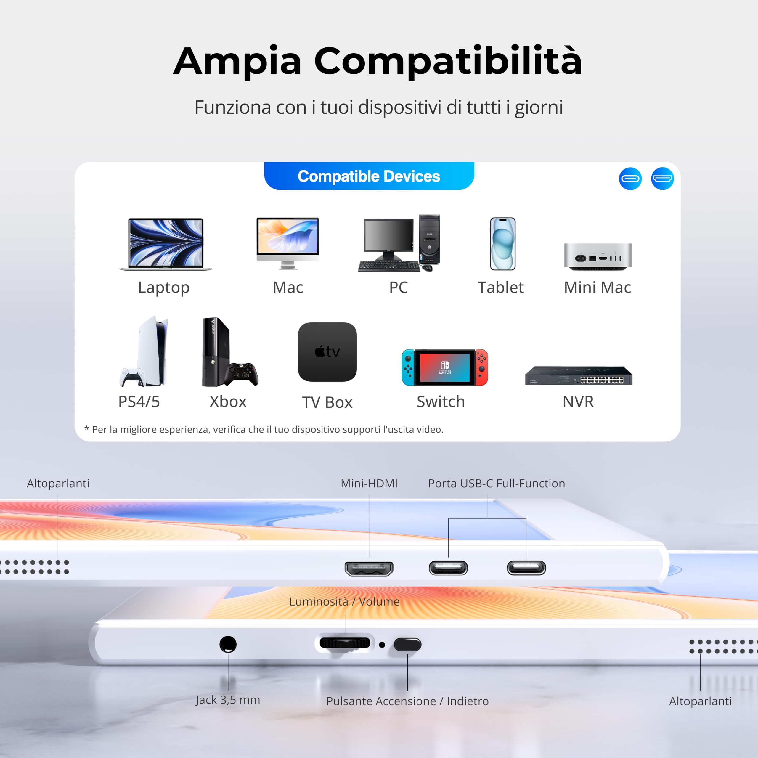UFYQL Monitor portatile 15,6" IPS FHD 1920x1080 | Schermo esterno per notebook leggero, USB-C/Mini HDMI, altoparlanti, custodia intelligente, supporto VESA, compatibile PC, Mac, PS5, Xbox