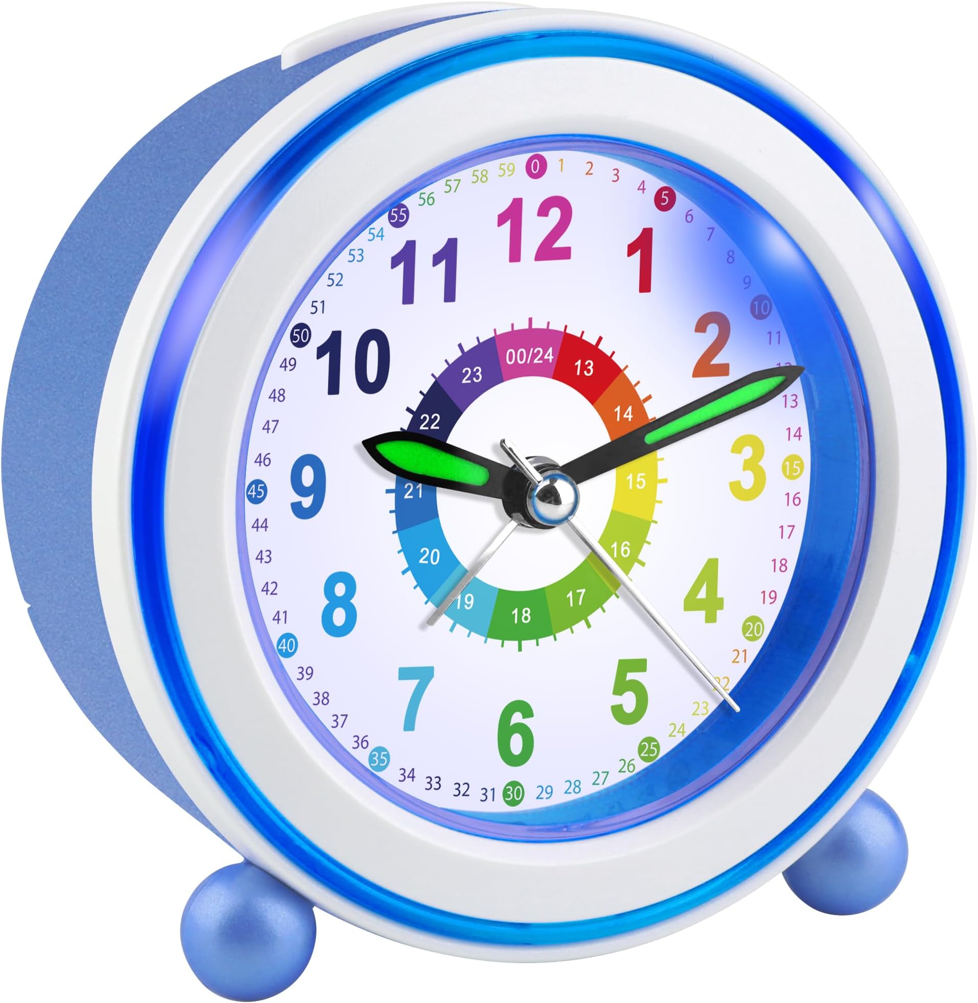 Kids Alarm Clock Bedside Girls Boys,Silent Non-Ticking Battery Powered Analogue Clocks with Night Light and Snooze,Colorful Design to Help Children Learning Time (Blue)