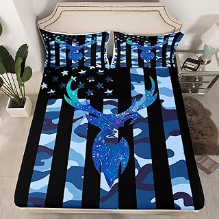 Camo Deer Fitted Sheet Full Size, Army Blue Camouflage Usa Flag Bedding Set For Kids Boys Teens Adult, Western Rustic Farmhouse Bed Sheets Stars Stripes Bed Set Antlers Wild Animal Decor, Black