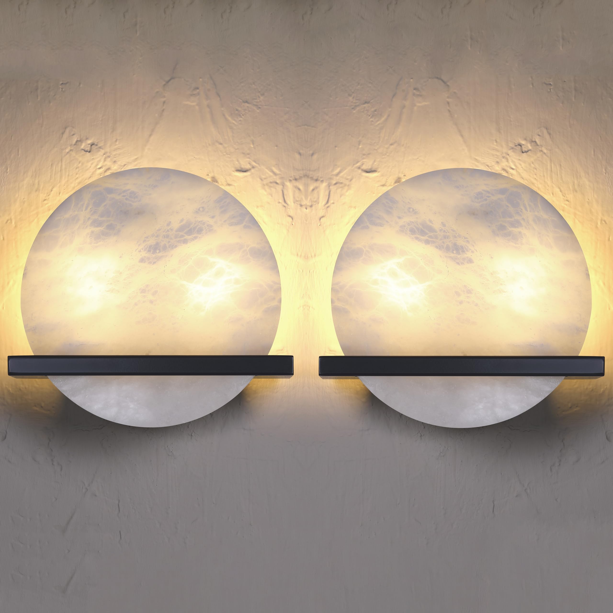 2 Pack 2 Light 10" Round Alabaster Bathroom Modern Black Wall Sconce