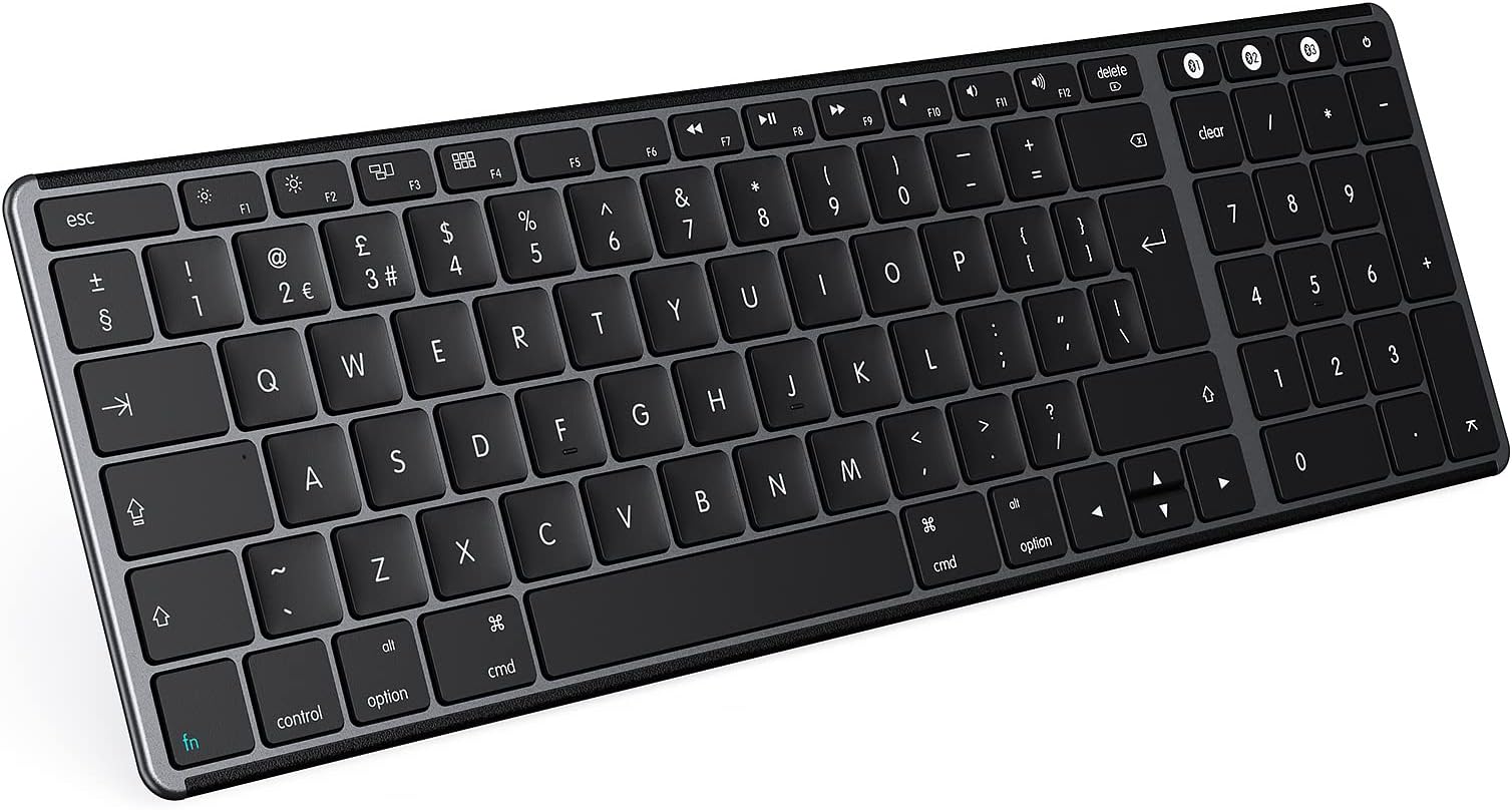 Seenda Wireless Keyboard, Three Bluetooth Channels, Rechargeable Bluetooth Keyboard, Ergonomic & Slim Design, QWERTY UK Layout for Mac OS/iOS/Windows/Android, Apple Layout Multimedia Function Keys