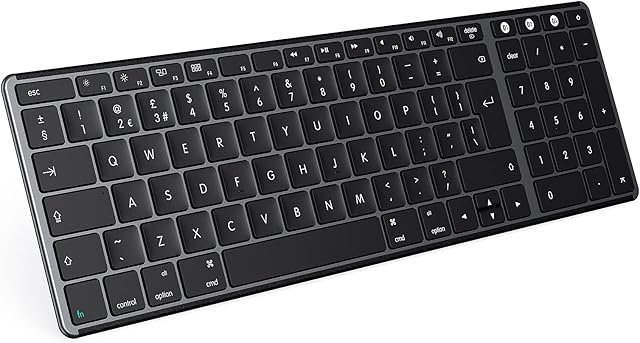 Seenda Wireless Keyboard, Three Bluetooth Channels, Rechargeable Bluetooth Keyboard, Ergonomic & Slim Design, QWERTY UK Layout for Mac OS/iOS/Windows/Android, Apple Layout Multimedia Function Keys