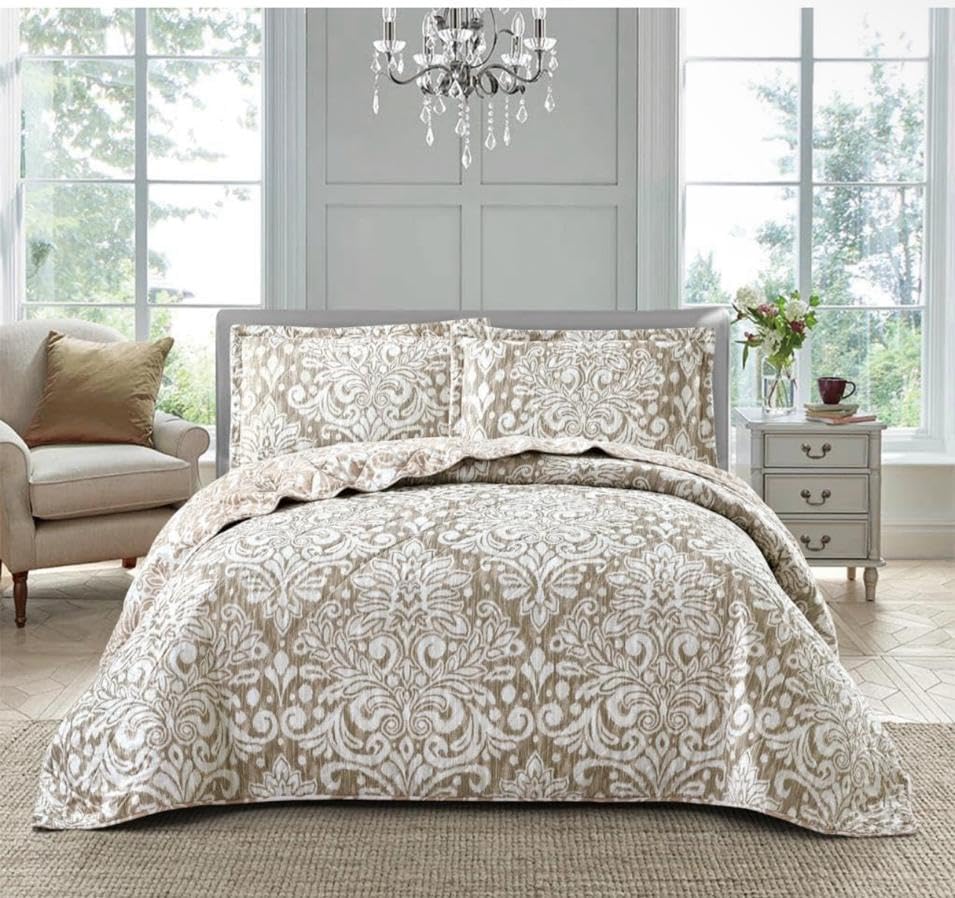3 PCS Patchwork Bedspread Quilted Bed Throw Single Double King Size Bedding Set (Royal Damask Beige, Single)