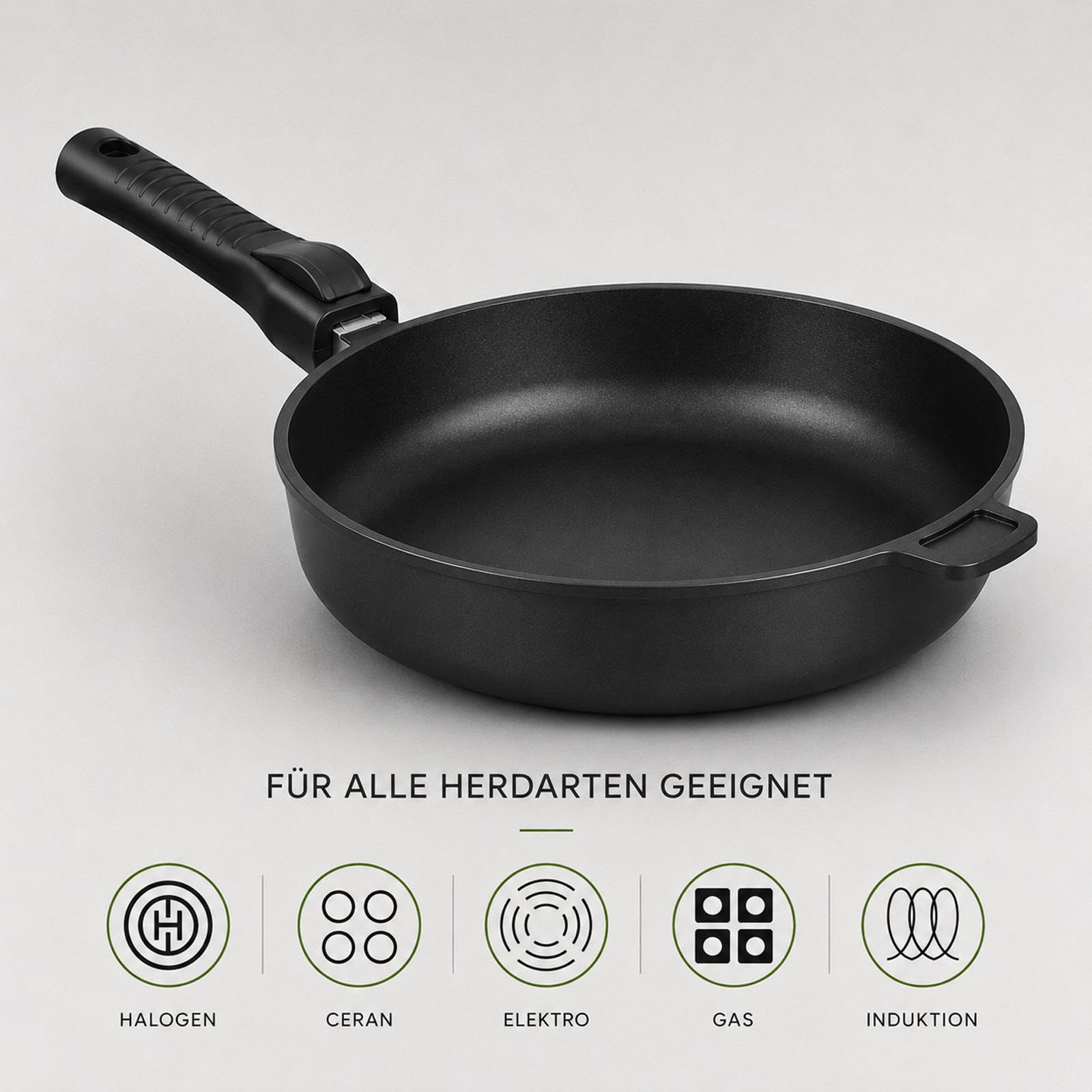 BAF Aluguss Schmorpfanne Induktion 28 cm mit abnehmbarem Stiel - Antihaft-Bratpfanne mit 7,5 cm hohem Rand - geeignet für Induktion, Gas, Elektro & Backofen - Made in Germany
