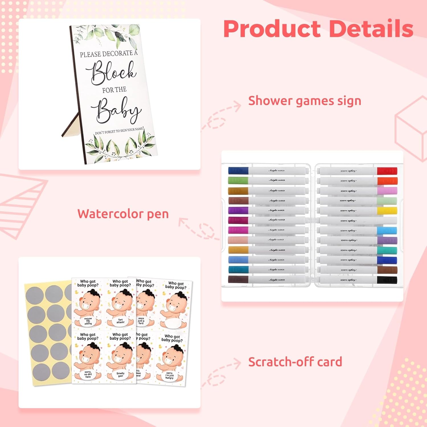 115 PCS Shower Games Sign Set - Baby Shower Blocks to Decorate Shower Activitie Sign DIY Blank Wooden Block, Including Decorate a Block Game Sign 50 DIY Blank Wooden Block 24 Acrylic Paint Marker